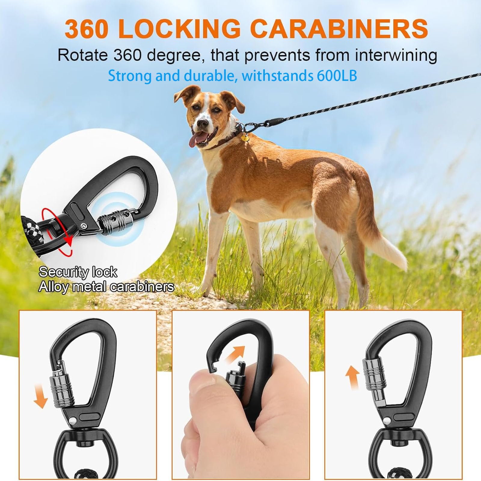 dog Training Leash with Carabiner and Padded Handle, Reflective Durable 10M-20M Long Return System for Small Medium, and Large Dogs - Image 2