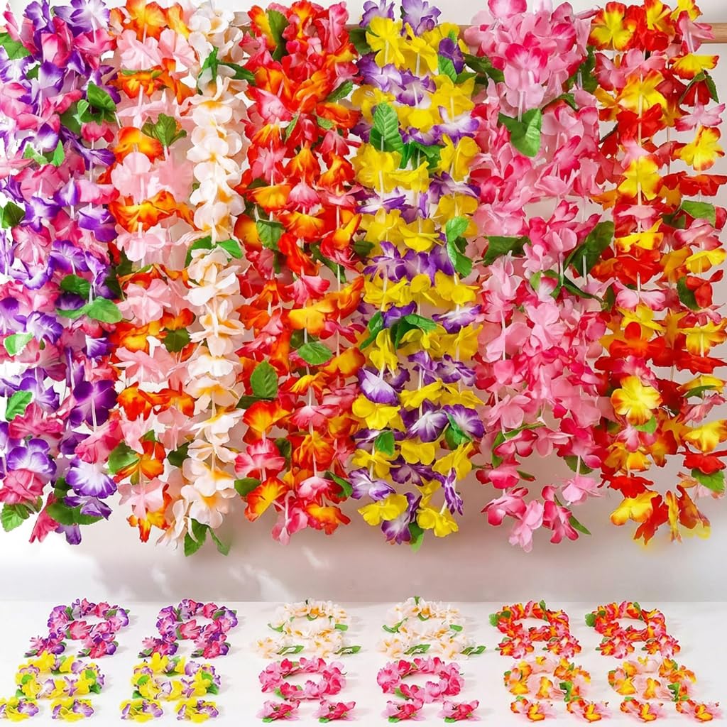 FUTUREPLUSX Hawaiian Leis, 48PCS Luau Party Decorations Including Necklace Headbands and Wristbands for Tropical Themed Party Girl Birthday Decor