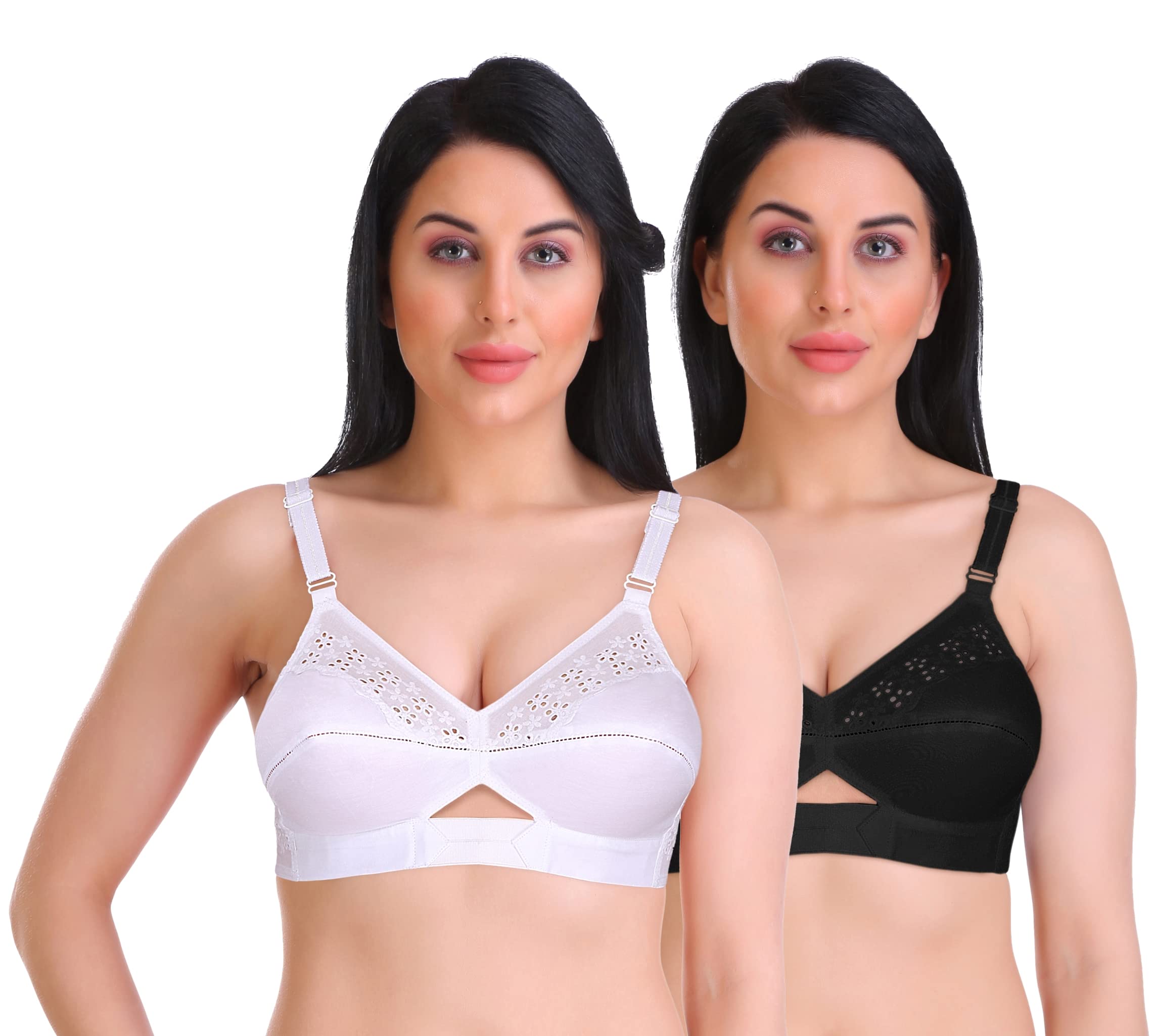 featherline Pure Cotton Perfect Fitted Embroidered Non Padded Non Wired Full Coverage Regular Women's Everyday Bras (Elastic Straps) (White, Black, 44C), Pack of 2-picture-56