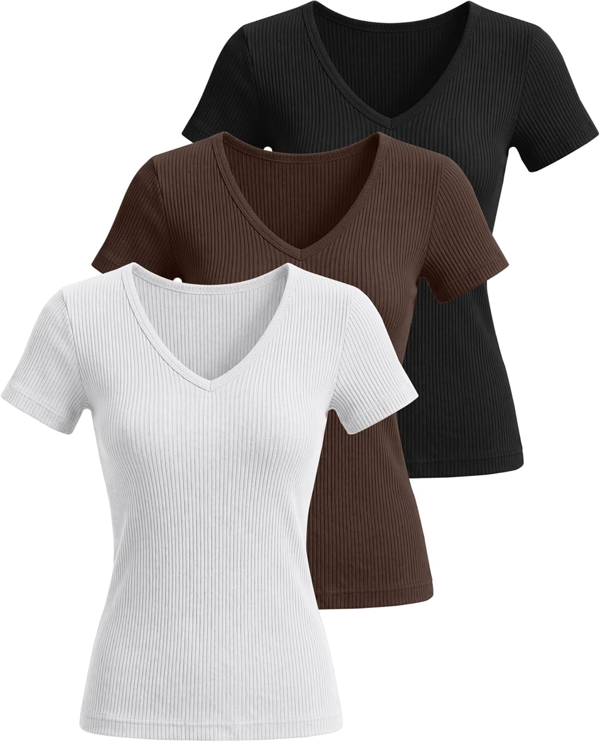 Ficerd 3 Pack Women's Short Sleeve Cotton T-Shirts V Neck Ribbed Slim Fit Tops Ladies' Casual Summer Basic Tee - Image 3