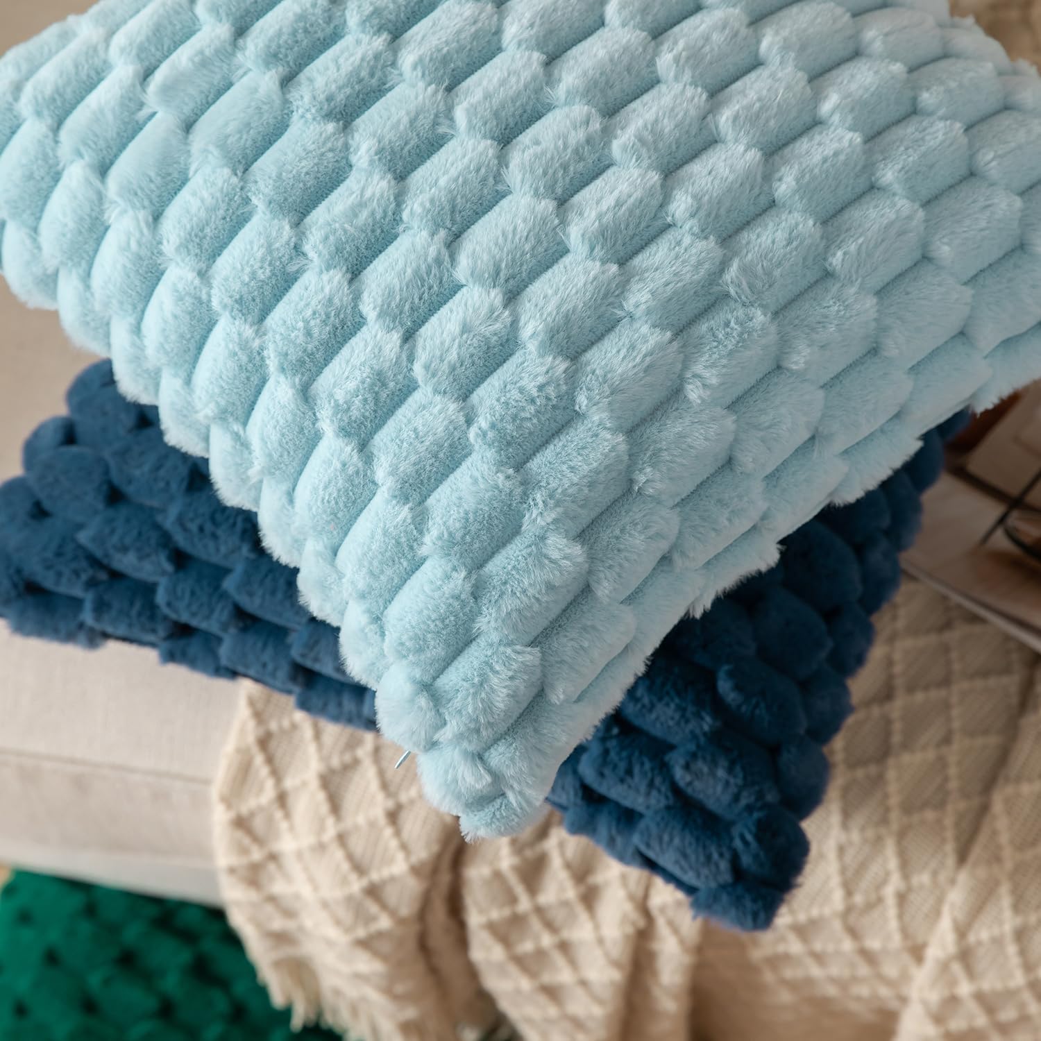 MANDIOO Pack of 2 Light Blue Super Soft Plush Fluffy Decorative Throw Pillow Covers 12x20 inch Faux Fur Wool Velvet Cushion Covers Pillow Cases Couch Sofa Bed Living Room - Image 5