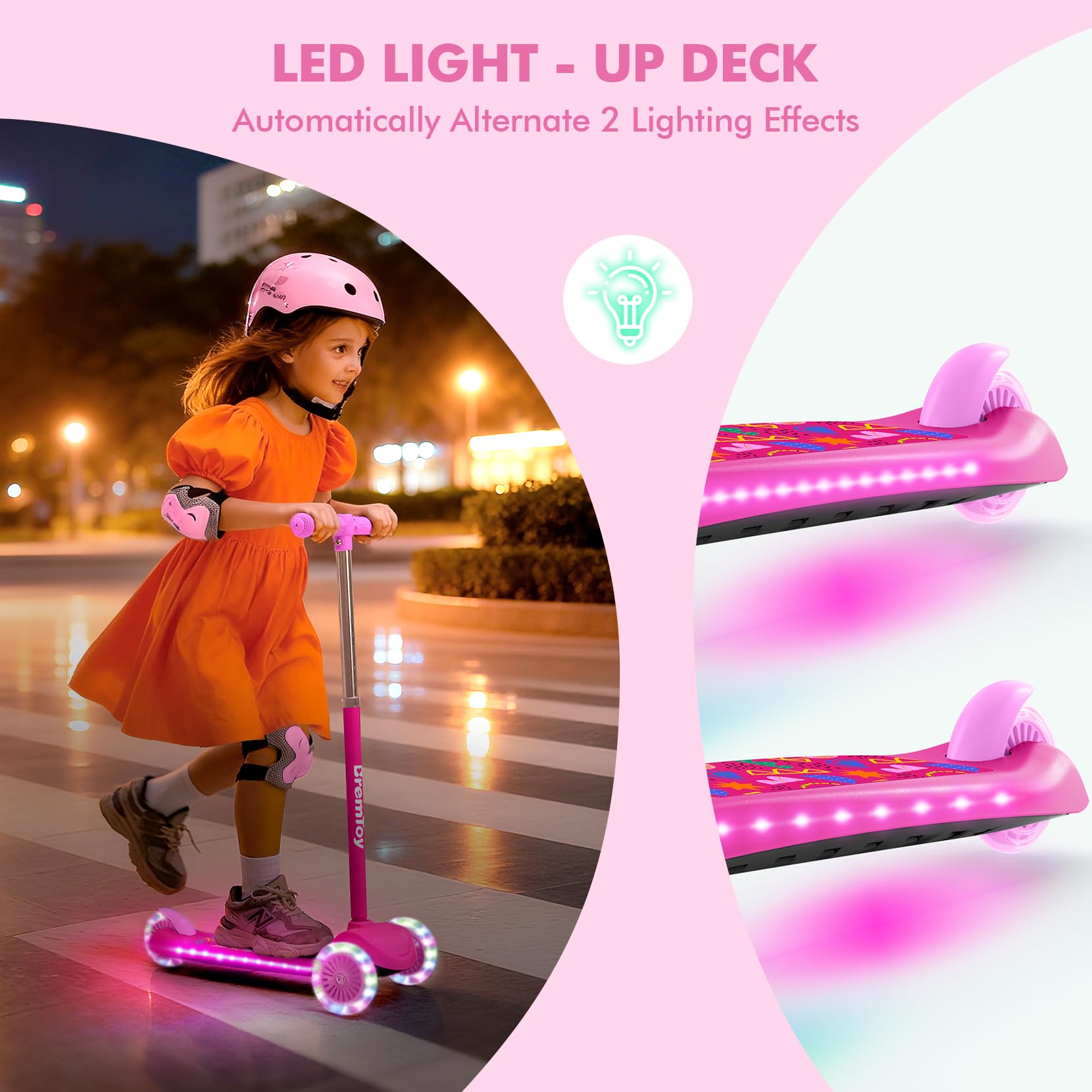 BremToy Patinete Niños 3 Años, Patinete Niños con Deck Luminosa y Ruedas LED de PU, Altura Regulable en 4 Niveles, Frenado Responsivo, Ligero, Patinete para Principiantes de 3 a 8 Años
