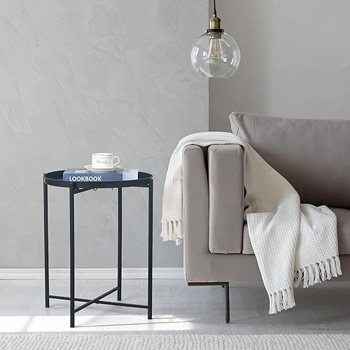 Miniatura 2 de Homebeez Mesa de bandeja negra, mesa auxiliar redonda, mesa decorativa para sofá, aperitivos, plantas de café, mesas decorativas para espacios