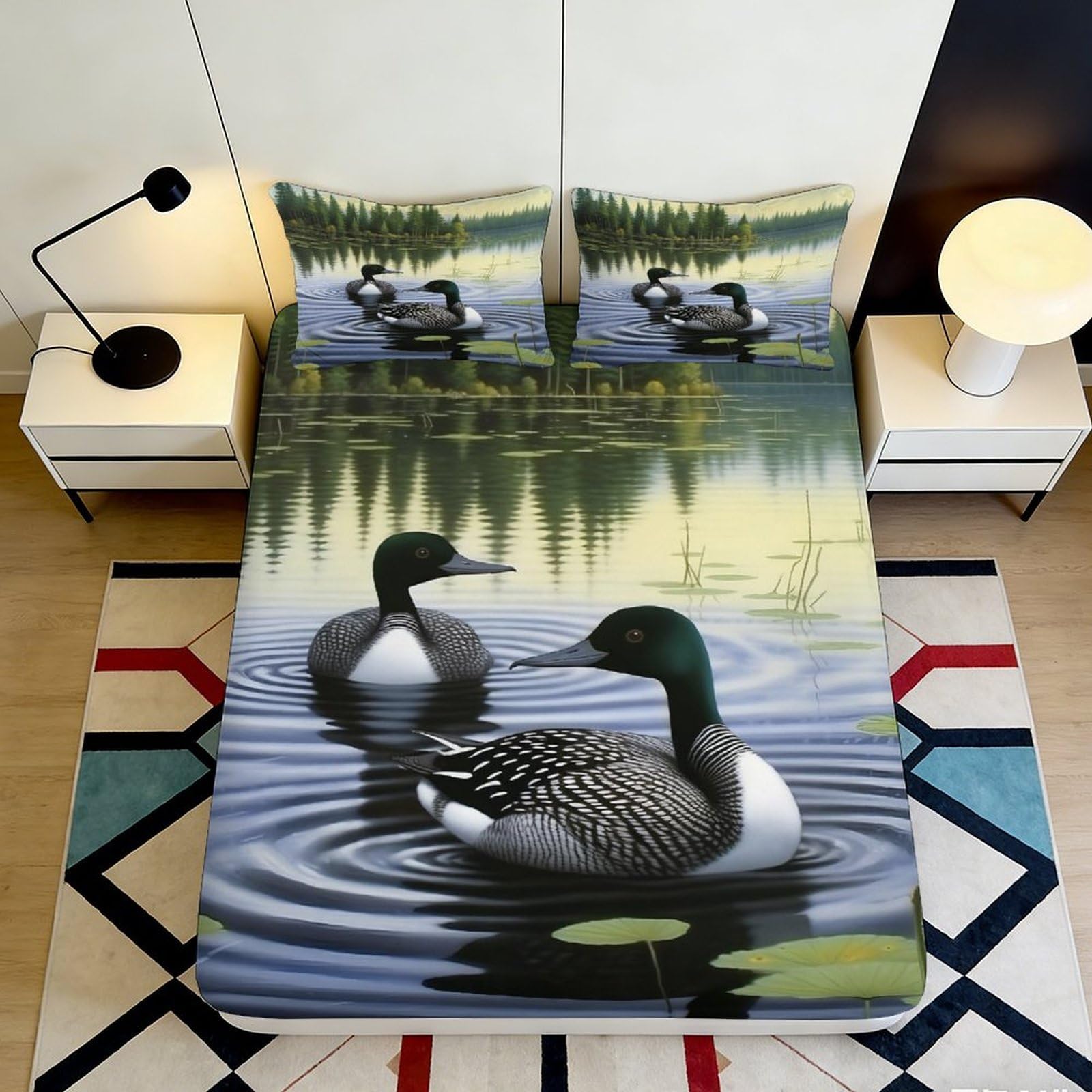 3D Printed Lake Loon Fitted Sheet Microfiber Soft Non-Slip Water Bird Mattress Cover for Bedroom Decor Protection 90x200x25cm
