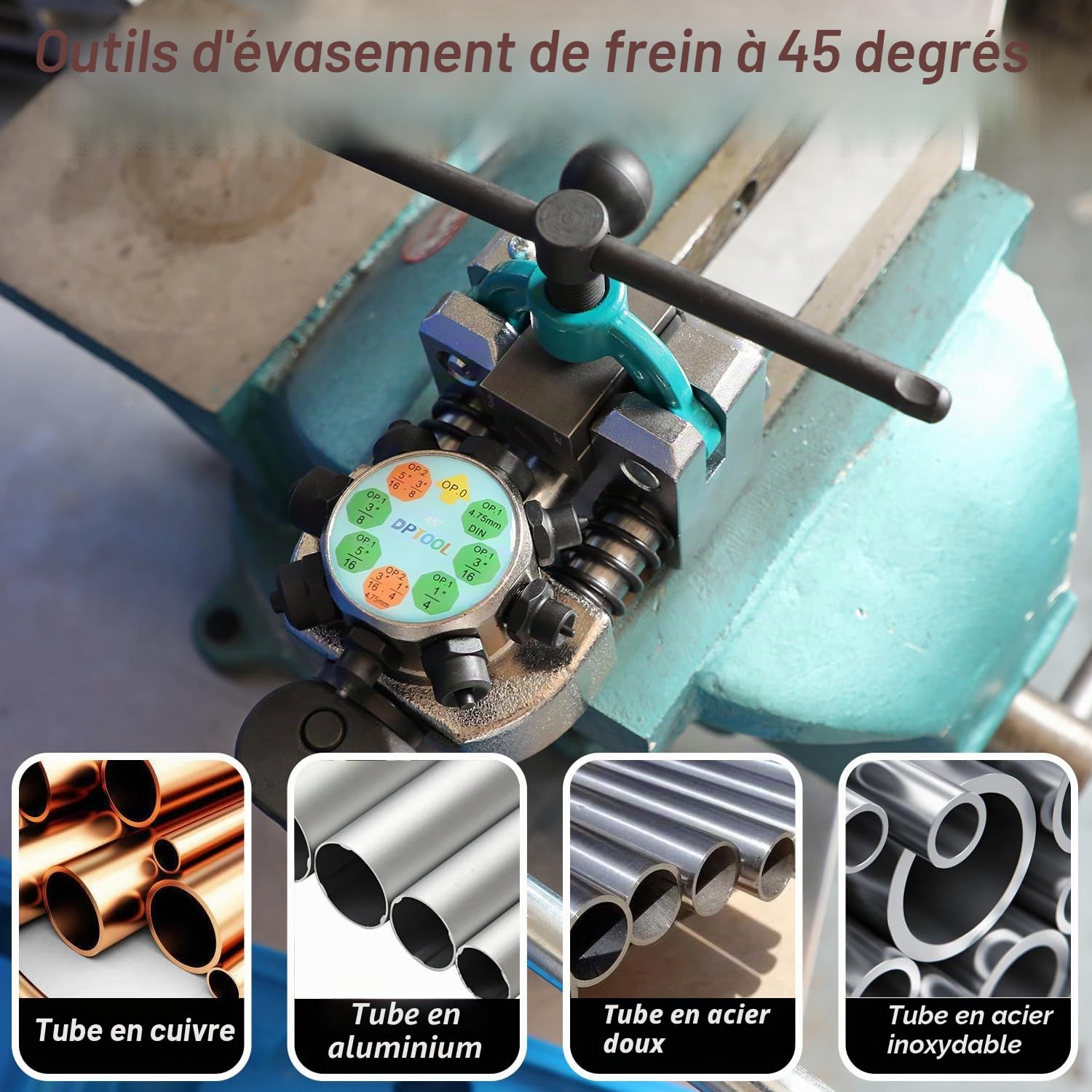DPTOOL Kit d'outils d'évasement de Conduite de Frein, évasements Simples, Doubles et à Bulles à 45 degrés, Outil d'évasement de Tubes pour Tubes de 3/16", 1/4", 5/16", 3/8" et 4,75 mm