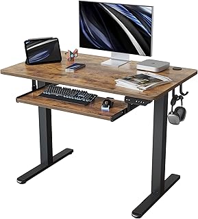 FEZIBO Height Adjustable Electric Standing Desk with Keyboard Tray, 100 x 60 cm Sit Stand up Desk with Splice Board, Black Frame/Rustic Brown Top