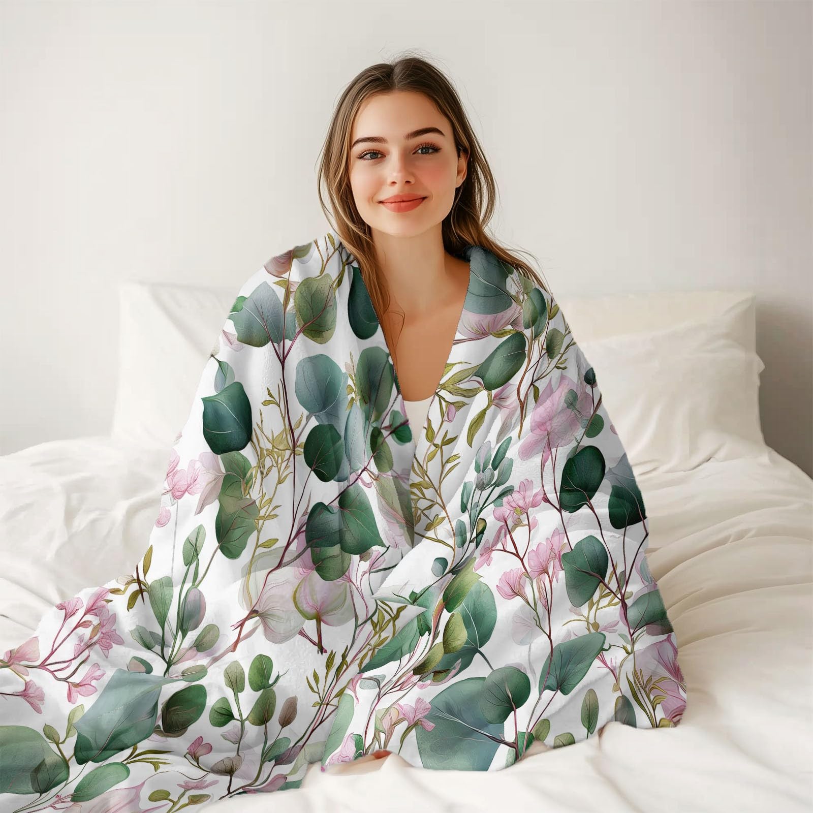 Verde Coperta in Pile di Flanella 200 x 220 cm - Acquerello Viti Fiori Morbida e Accogliente, Plaid Stampato per Divano Letto o Viaggio