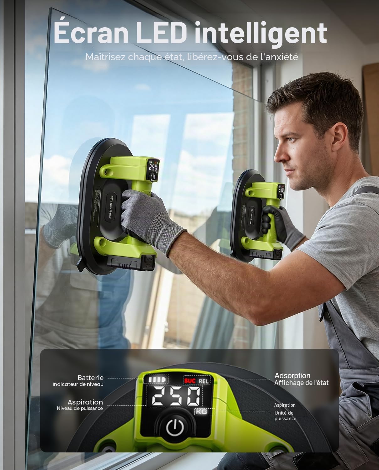 Taskstar Ventouse Carrelage Électrique: Ventouse Vitre sans Fil 25cm avec Capacité de Charge Verticale de 250 kg, Affichage LCD, 4X Batteries 3000mAh,Ventouse Pare Brise pour Verre, Carrelage, Granit