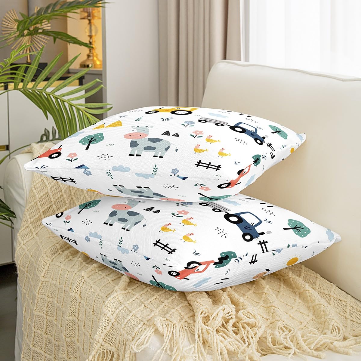 Tractor Square Cushion Covers Set of 2 Set 18x18 Inch Cartoon Farm Equipment Trucks Reversible Throw Pillow Covers for Kids Decor Farm Animal Pillow Covers Home Decor Farm Nursery Decor - Image 3