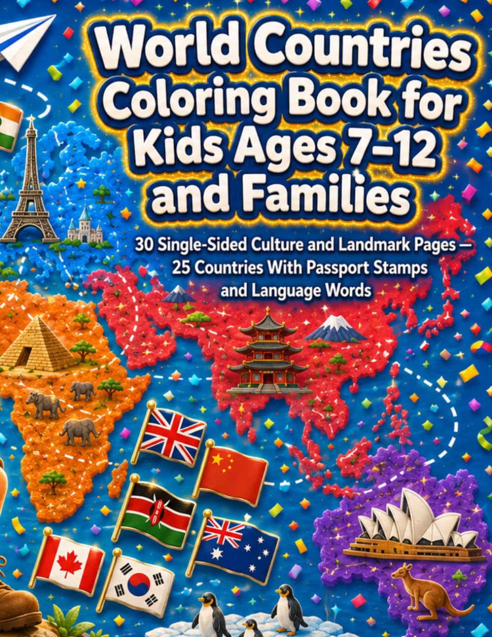 World Countries Coloring Book for Kids Ages 7–12 and Families: 30 Single-Sided Culture and Landmark Pages — Color Japan, Egypt, Brazil, India, France, ... With Passport Stamps and Language Words