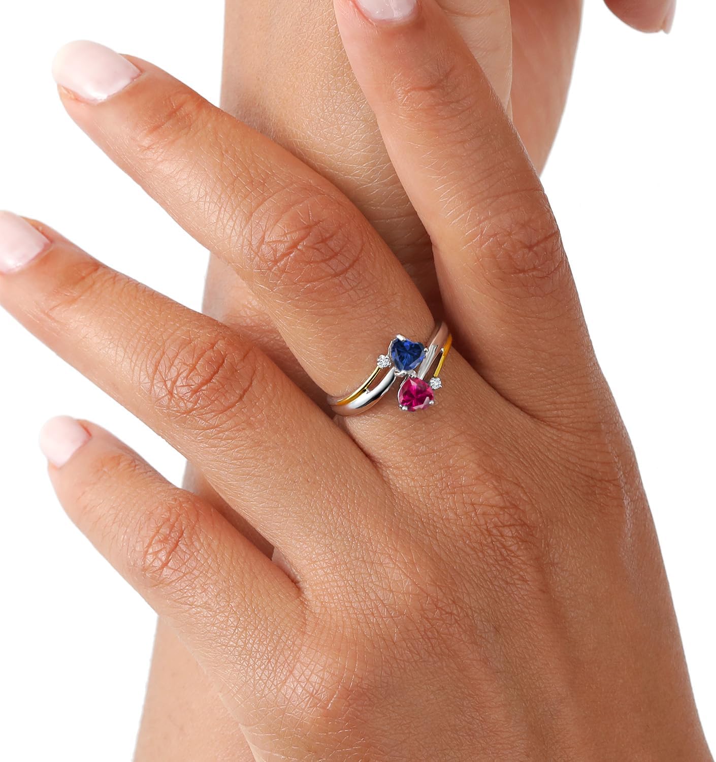 Gem Stone King 1.12 Cttw Blue Created Sapphire Red Created Ruby and Lab Grown Diamond 2 Heart Engagement Ring For Women | 925 Silver and 10K Yellow Gold | Available In Size 5, 6, 7, 8, 9
