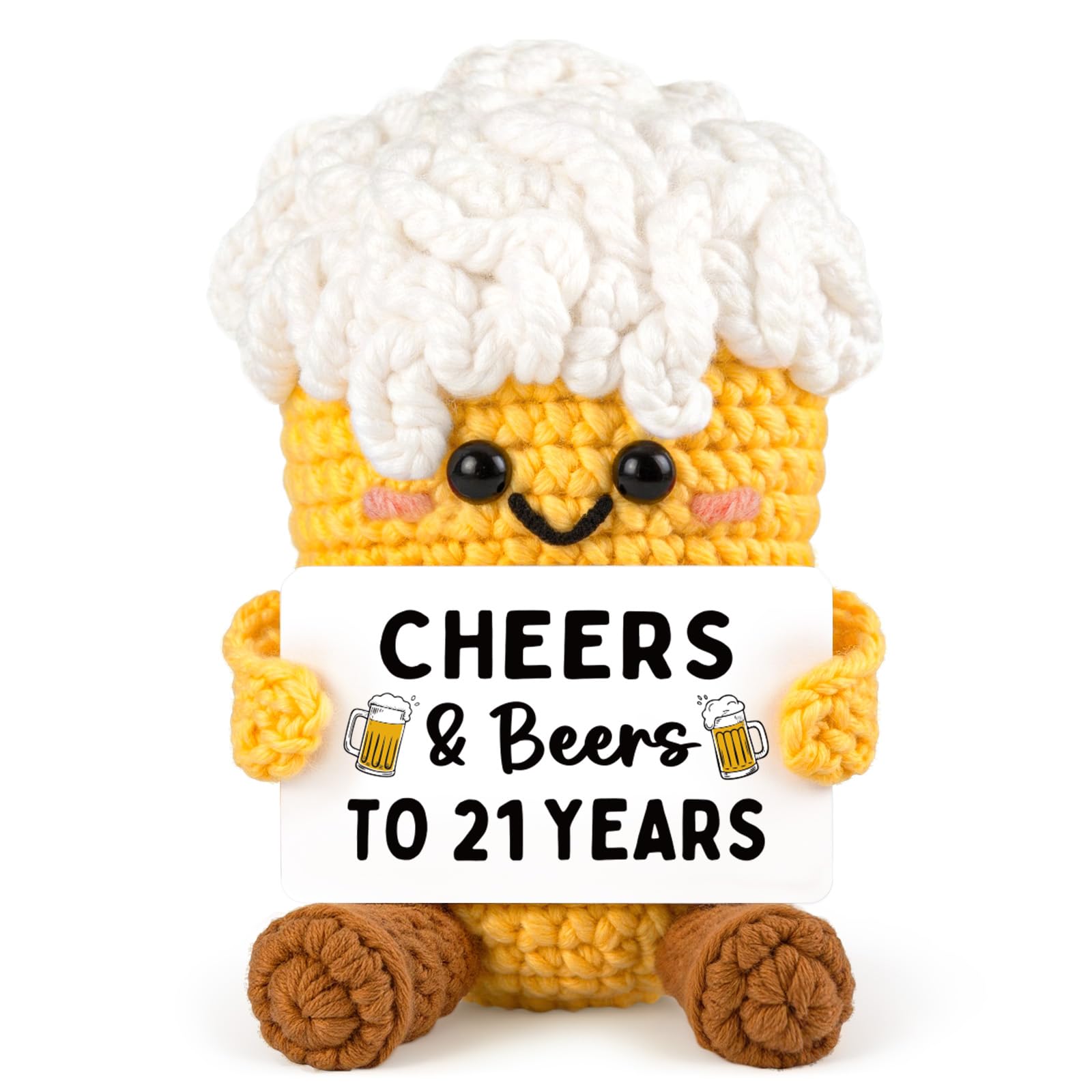 Leebbsin 21st Birthday Gifts for Men Women Her Him- Handmade Cheers&Beers to 21 Years Crochet Beer with Pun Card- Funny 21st Birthday Decoration Gifts for Friend Sister Brother Son, Cute Desk Decor