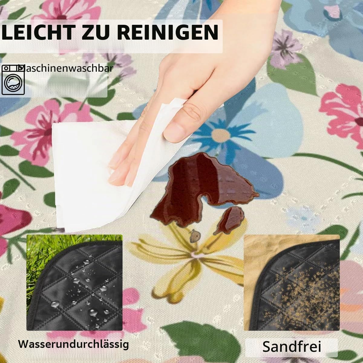 Picknickdecke mit Blumen, wasserdicht, sanddicht, faltbar, Stranddecke, 200,7 x 200,7 cm, extra groß, tragbar, waschbar, Outdoor-Matte für Camping, Park, Gras, Wandern, Reisen
