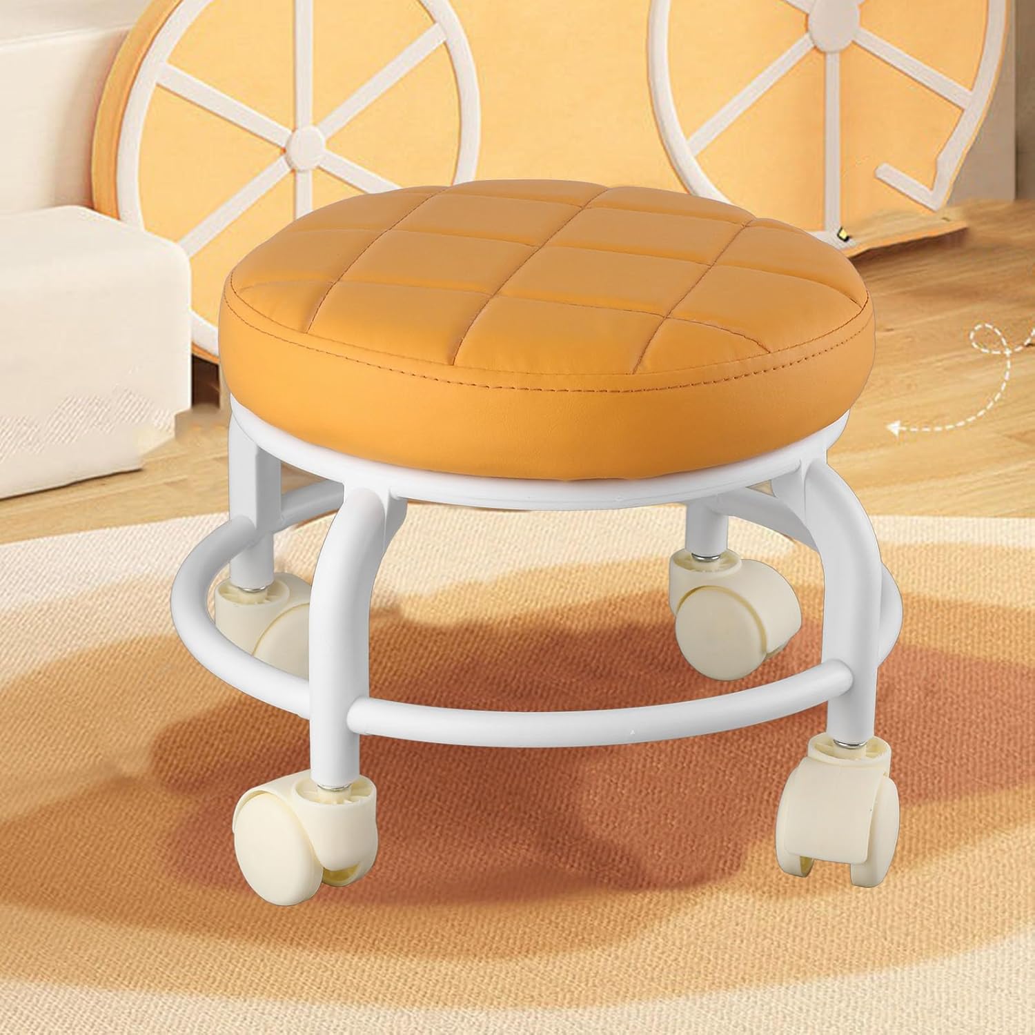 Rolling Ottoman, High Density Memory Foam, Quiet Wheels Double Layers Footrest Stool for Family Office, Metal, Black (Orange)