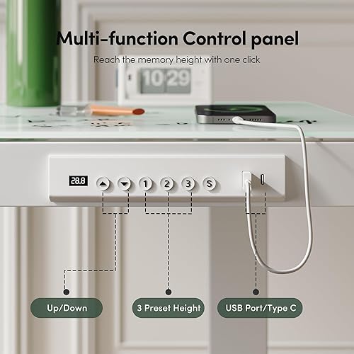 Miniatura 13 de FEZIBO Escritorio eléctrico de pie con cajones de 48 × 24, escritorio de cristal de altura ajustable de una pieza, escritorio de pie ajustable de