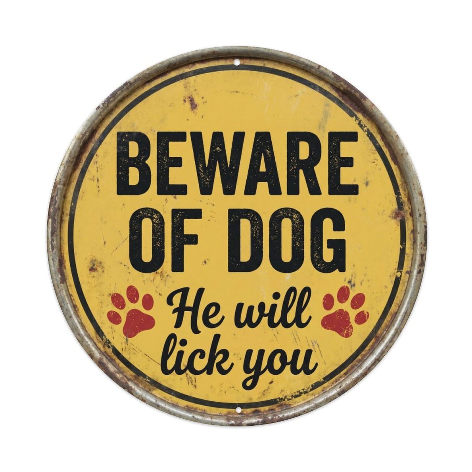 Cmhok Vintage Style Beware Of Dog Classic Indoor Display Retro Slogans Metal Tin Sign Plaque Wall Decor For Cafe, Club, Garden Round Metal Poster 8X8inch