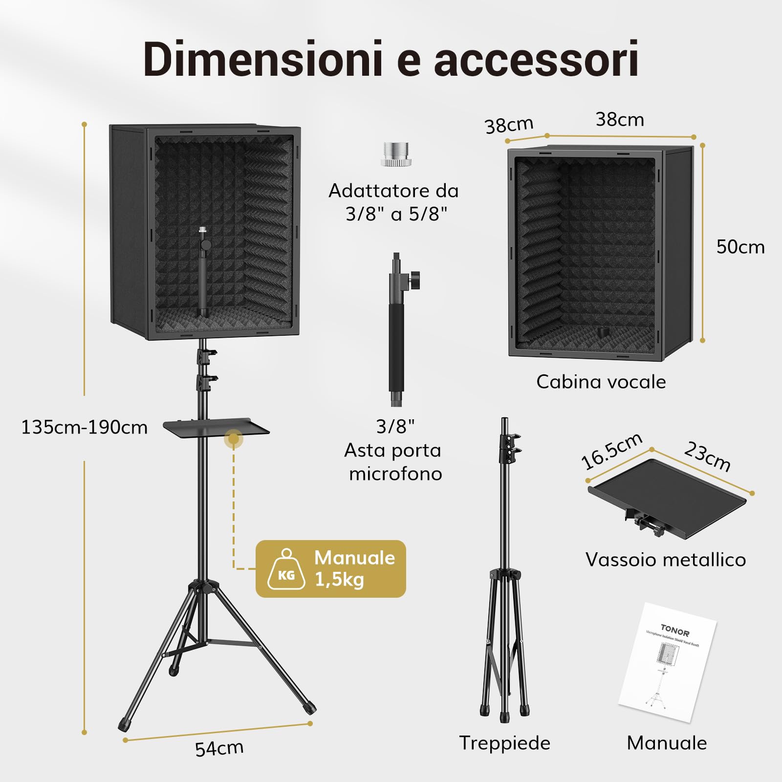 TONOR Targhetta Isolante Microfono per Studio, Scatola in Schiuma Acustica Incorniciata per Registrazioni Professionali, Filtro Microfono per Assorbimento Acustico, Cabina di Canto, Podcast, 190 cm