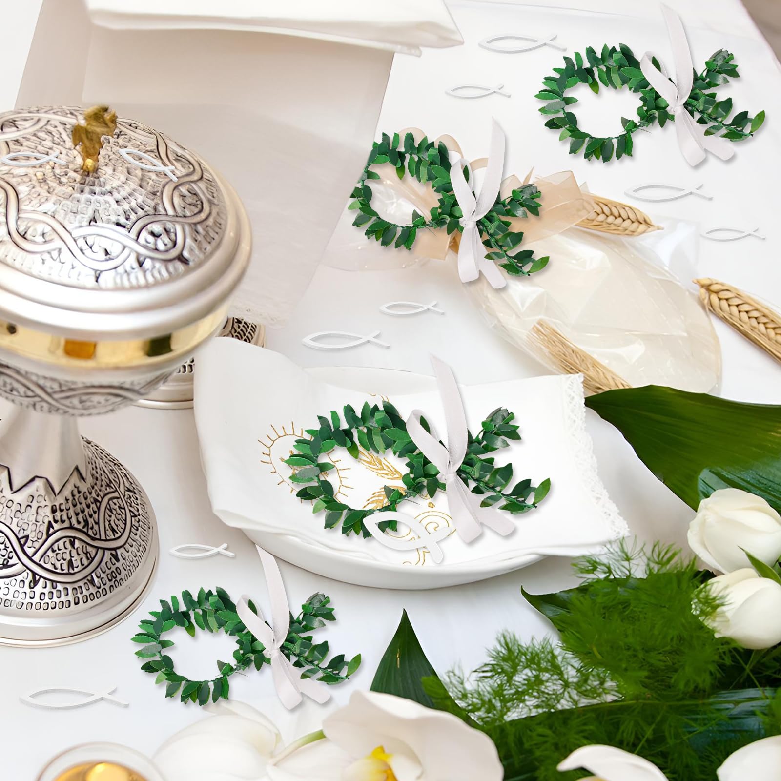 66-teilige Holzfisch-Deko Für Taufe, Kommunion & Konfirmation – Streu- & Tischdekoration In Weiß & Gold