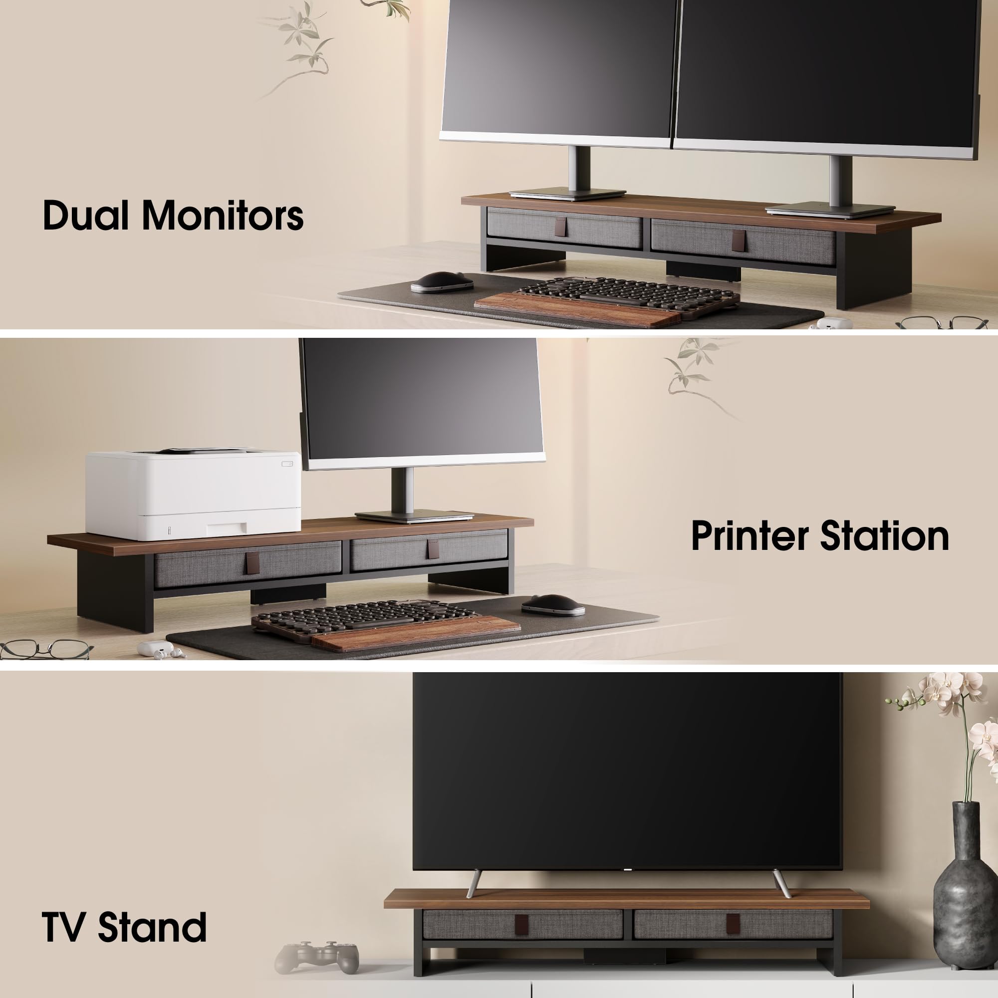 Fenge Support Ecran PC 90cm, 2 Tiroirs Lin, Ordinateur Moniteur TV, Marron | 2 Appareils, Charge 30kg, Pied Supplémentaire, 2 Niveaux, Pastilles Antidérapantes, Organiseur,Écran Imprimante Bureau Maison