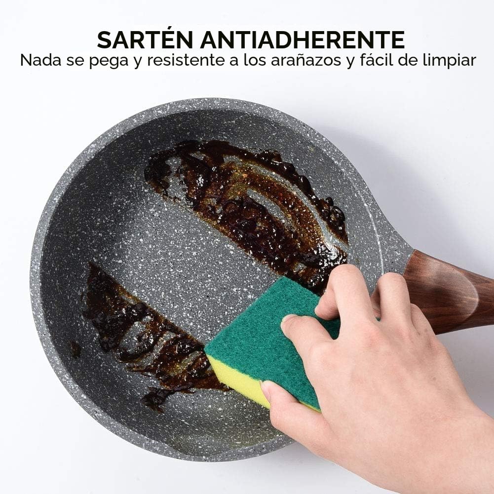 RIOVARM Antiadherente Juego de sartenes Inducción Juego de sartenes con mango resistente al calor Granito Sartén para tortillas sin PFOA Mármol Batería de cocina para varias estufas 20cm 24cm 28cm