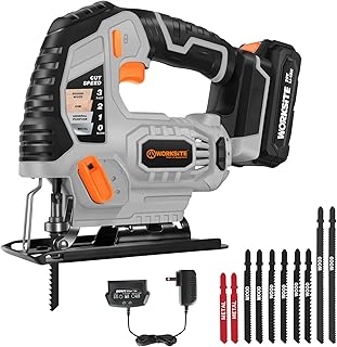 WORKSITE Cordless Jig Saw, 20V Lithium Ion Jigsaw with LED Light, 4 Orbital Settings and 3000 SPM Variable Speeds, 10Pcs T-shaped Cutting Blades, Battery & Charger Included