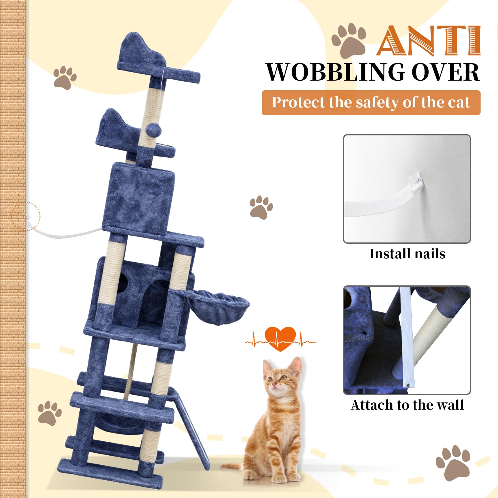 TRIUMPHKEY Alberi per Gatti,209cm Grande Alberi Tiragraffi con Cuccia per Gatti,Tiragraffi Gatto Stabile Multilivello,Alberi per Attività per Gatti con Palo in Sisal, Amaca (blu chiaro)
