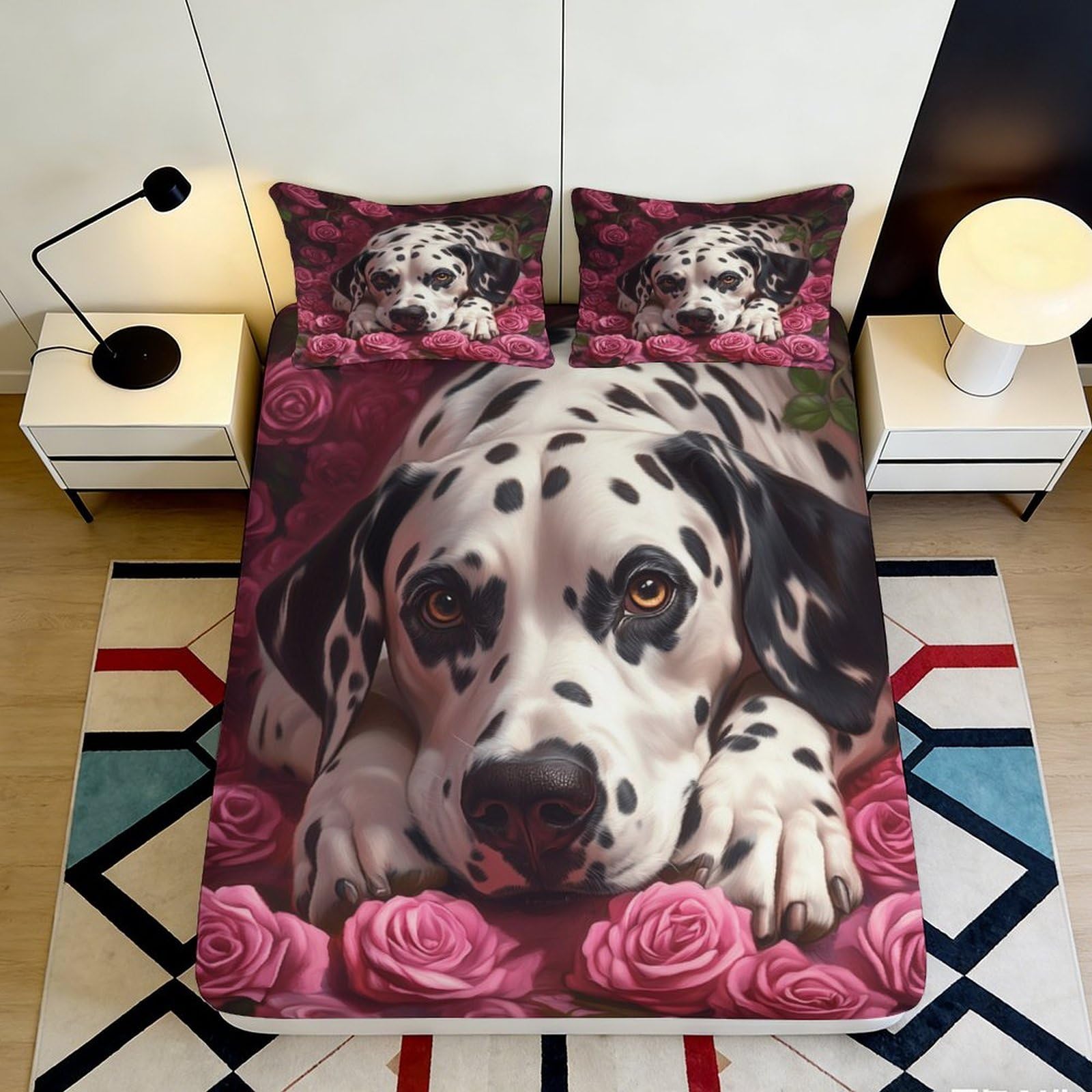 3D Printed Dalmatian Dog Fitted Sheet Microfiber Bedroom Decor with Pink Rose Bed Cover for Home Guest Room 90x200x25cm