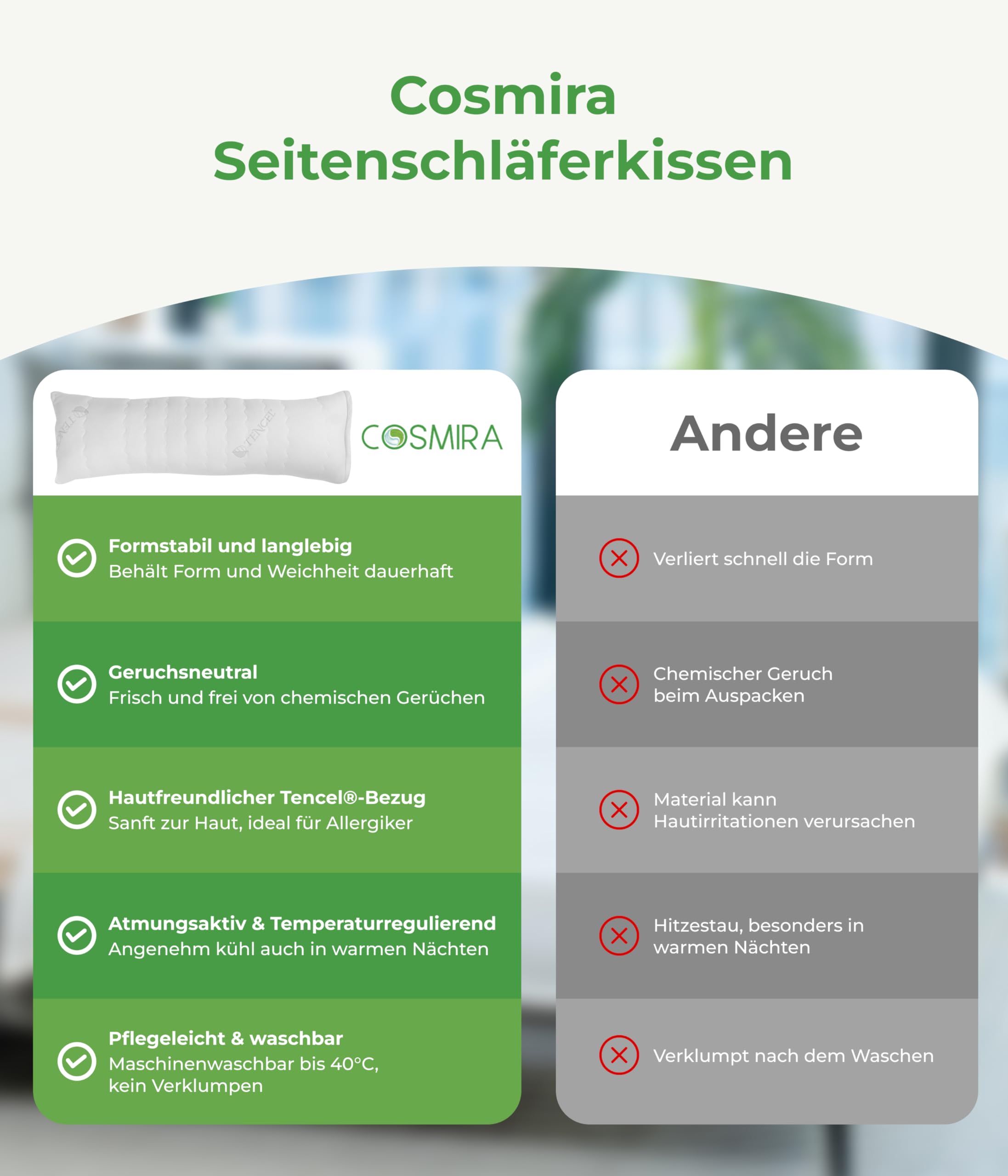 Premium Seitenschläferkissen 165 cm – Ergonomisches Körperkissen mit verstepptem Tencel Bezug – anschmiegsam & atmungsaktiv – Allergikerfreundlich, waschbar, Oeko-TEX Zertifiziert