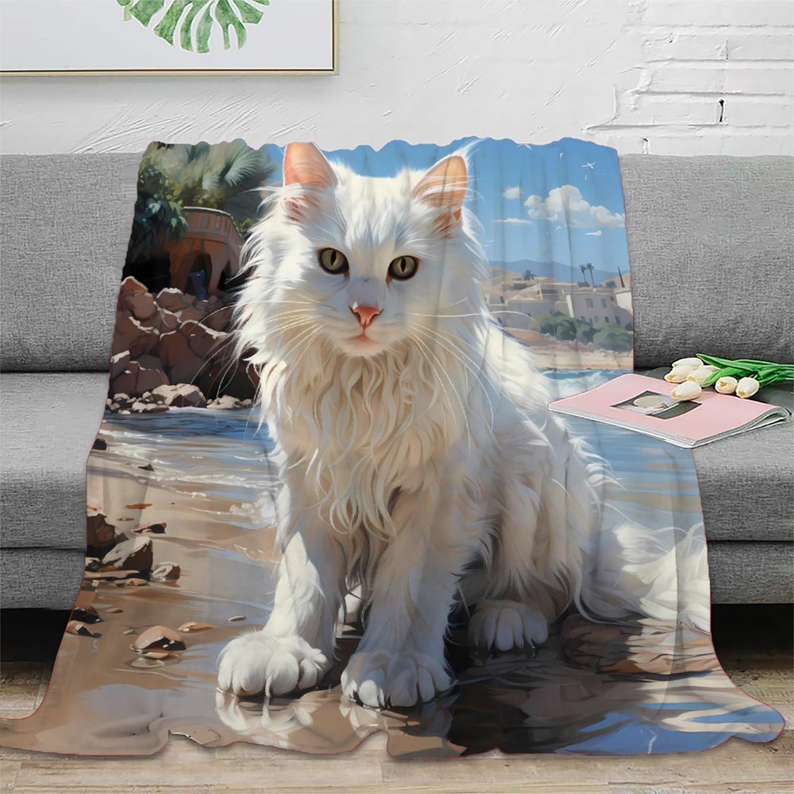 Couverture chat blanc microfibre pour protéger le canapé avec douceur