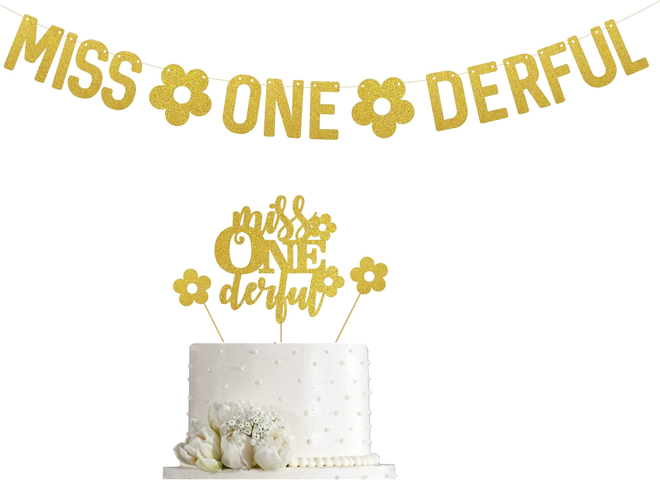 Gold Glitter Miss ONEderful Cake Topper and banner - Baby Girl's 1st Birthday Party Cake Decor, Happy 1 Year Old Birthday Party Supplies