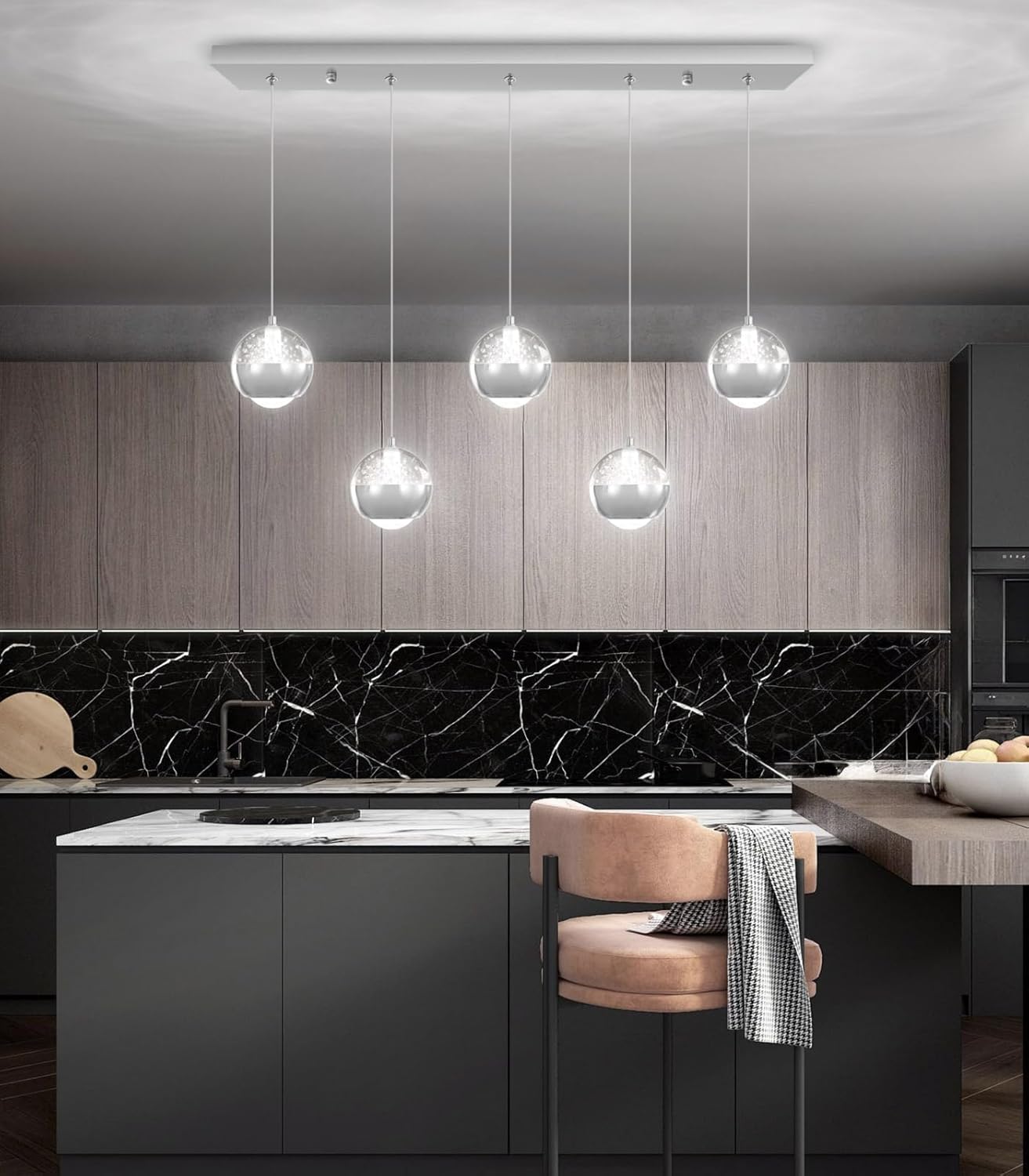 L32 x H78 Rectangular Chandeliers for Dining Room with LED Dimmable Lights Remote Control Chandeliers for Kitchen Island Modern Silver Globe Lighting Fixtures
