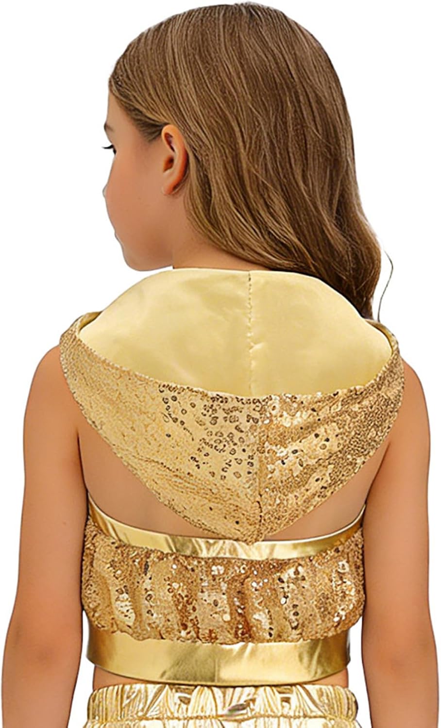 Agoky Kids Girls Sparkly Sequin Hooded Vest Sleeveless Backless Jacket Coat Shiny Hip Hop Jazz Dance Crop Top