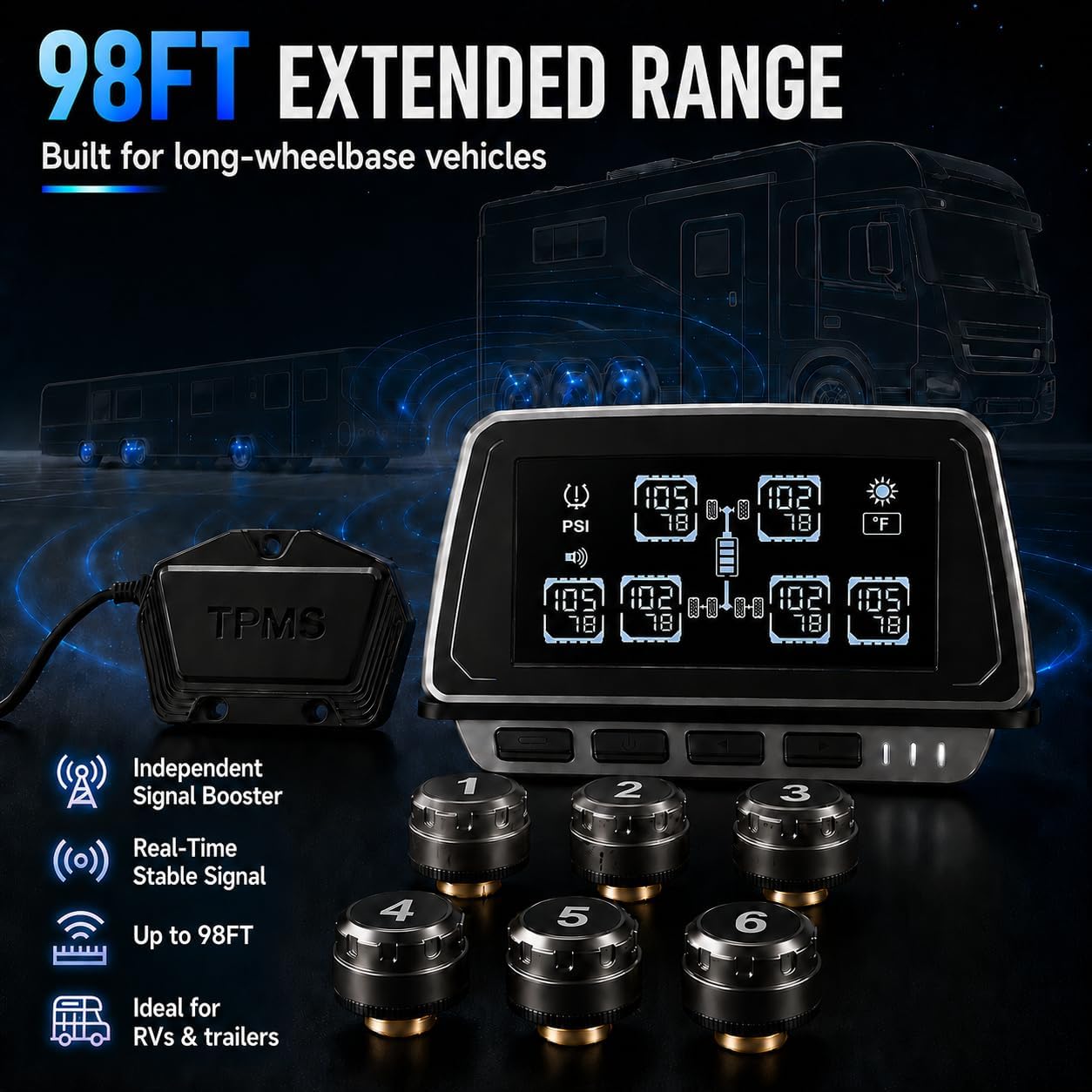 RV TPMS with Signal Repeater, 6 External Sensors Wireless Tire Pressure Monitoring System, 6 Alarm Modes 0-116 PSI Real-Time TPMS Monitor for Travel Trailer, Truck, 5th Wheel, Motorhome, Camper