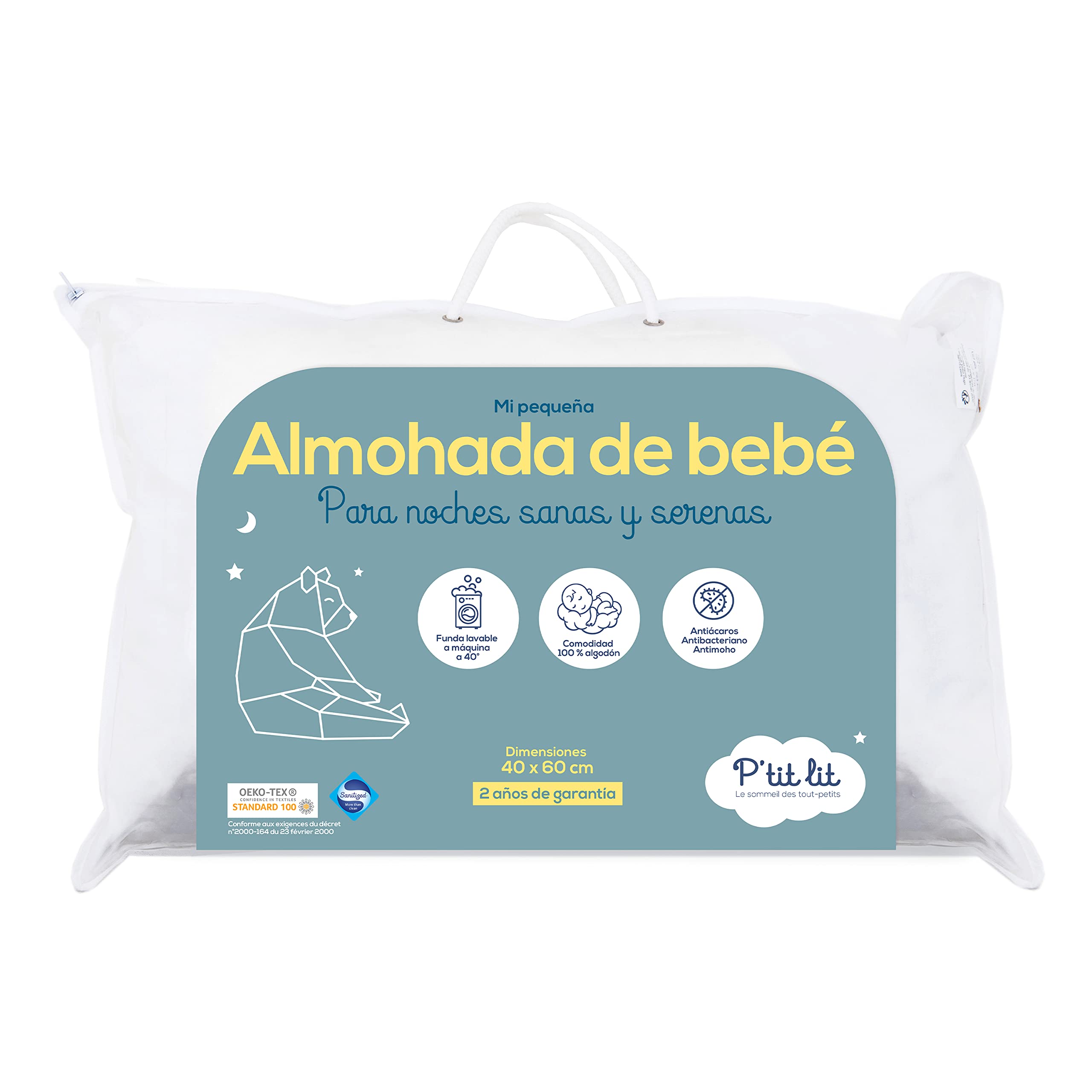 P'TIT LIT - Almohada para bebé | Cojín Infantil 40x60 cm - Funda 100% Algodón - Anti-ácaros - Hipoalergénico - Oeko Tex - Diseño Francés