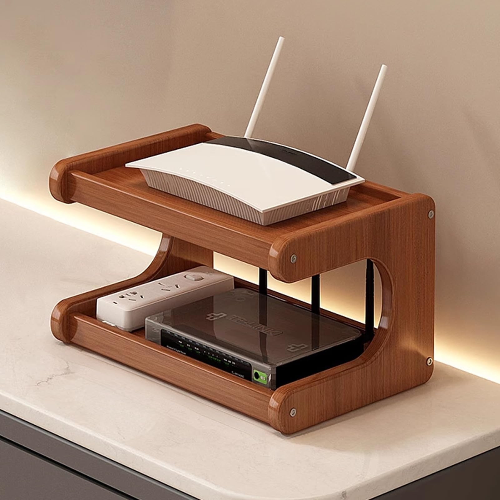 Wooden Router Shelf, Home Media Storage Cabinet, Storage Box WiFi Desktop, Cable Management Hider, Plug, Internet Cables, Devices Etc(Second Layer 50cm/19.6in)