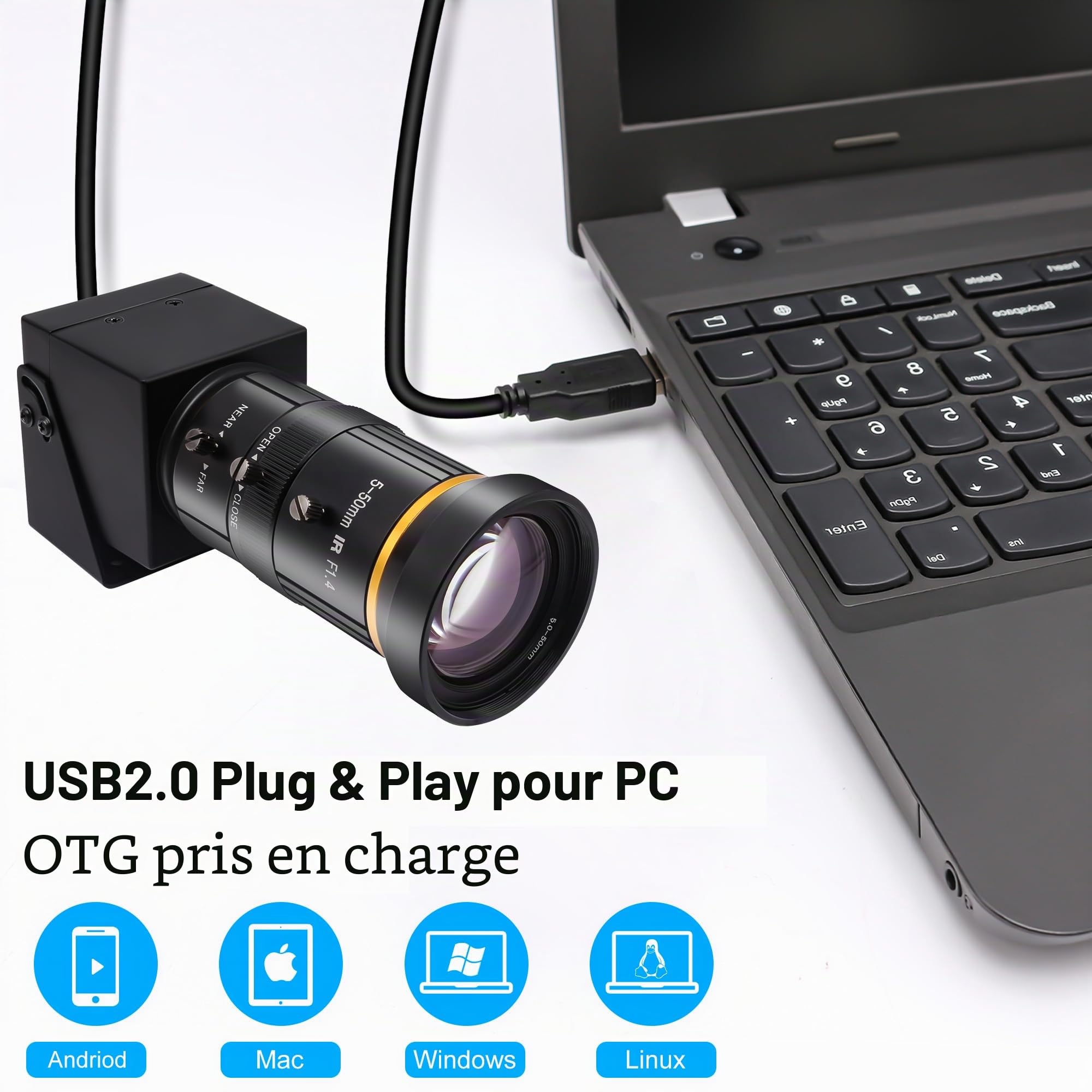 SVPRO Caméra HDMI USB 4K avec téléobjectif 5-50 mm, zoom optique 10x, mise au point manuelle en streaming, webcam H.264, caméra industrielle microscope pour PC/moniteur/TV/projecteur