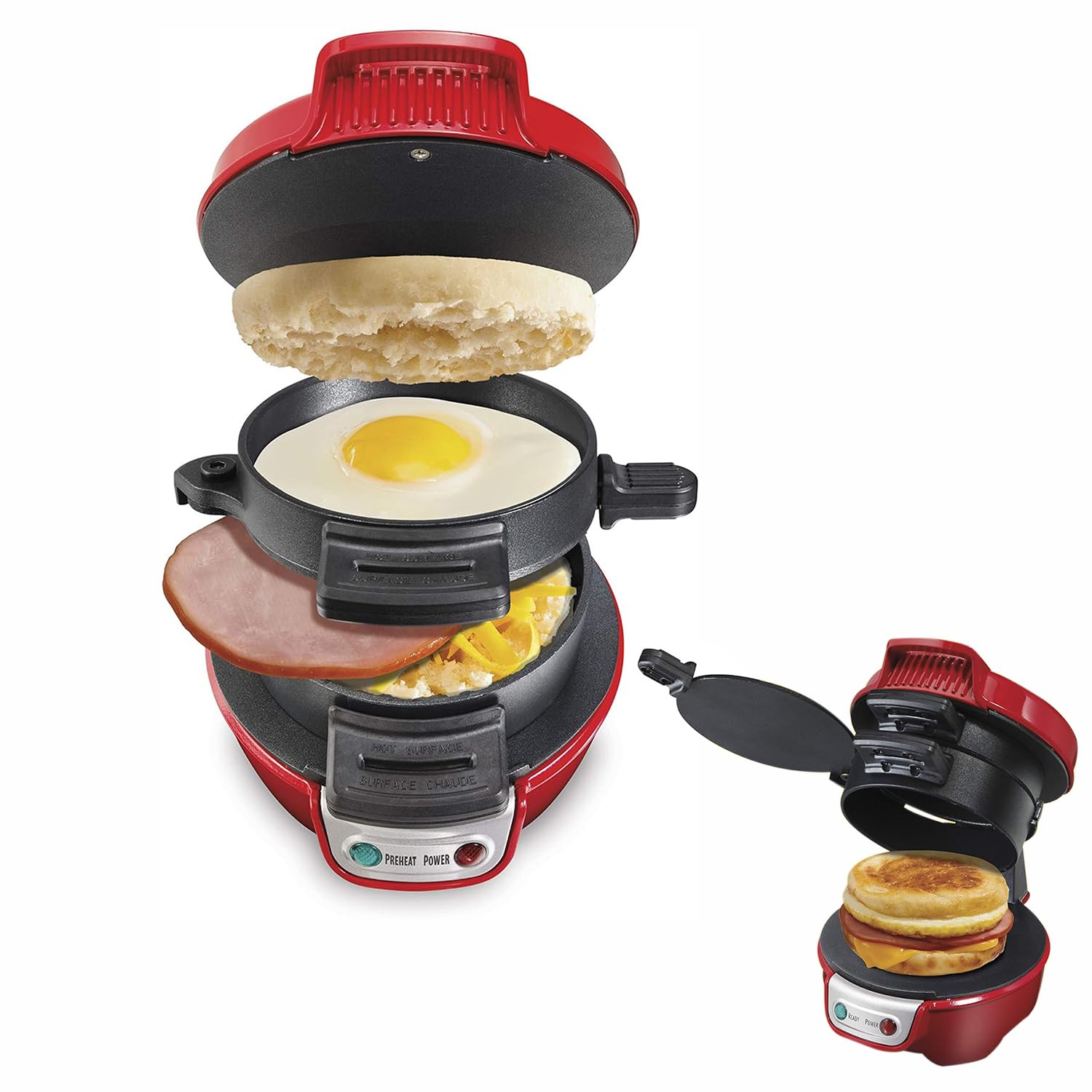 SPNOR Sandwich Maker, Electric Panini Press with Egg Cooker Ring, Non-Stick Coated Plates, Cool Touch Handle, Red, Modern Style, Aluminum, Non-Stick Material