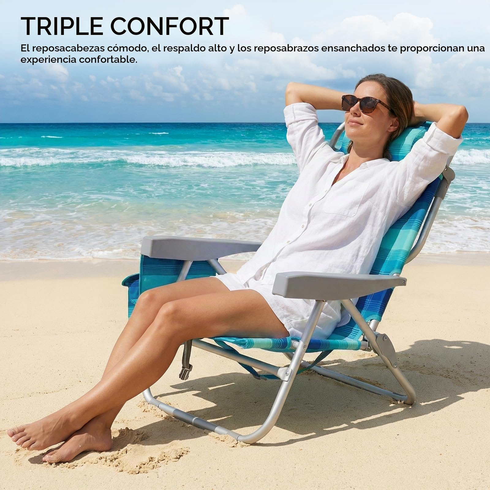 LIFERUN Silla de Playa Plegable de Aleación de Aluminio, Silla Plegable Ligera y Portátil como Mochila, Silla de Camping, Reclinable, Capacidad de Carga de hasta 150 kg, Silla Plegable de Exterior