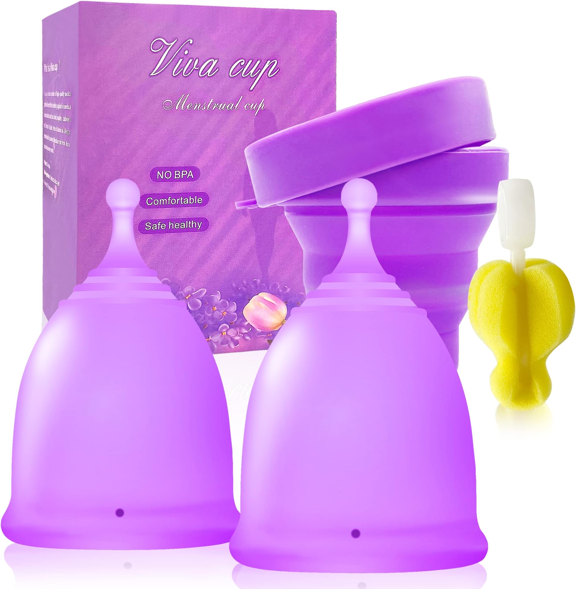 Menstrual Cups Set of 2 with Silicone Foldable Sterilizing Cup-Reusable Period Cups for Regular Heavy Flow with Cleaning Brush (1 Small & 1 Large)