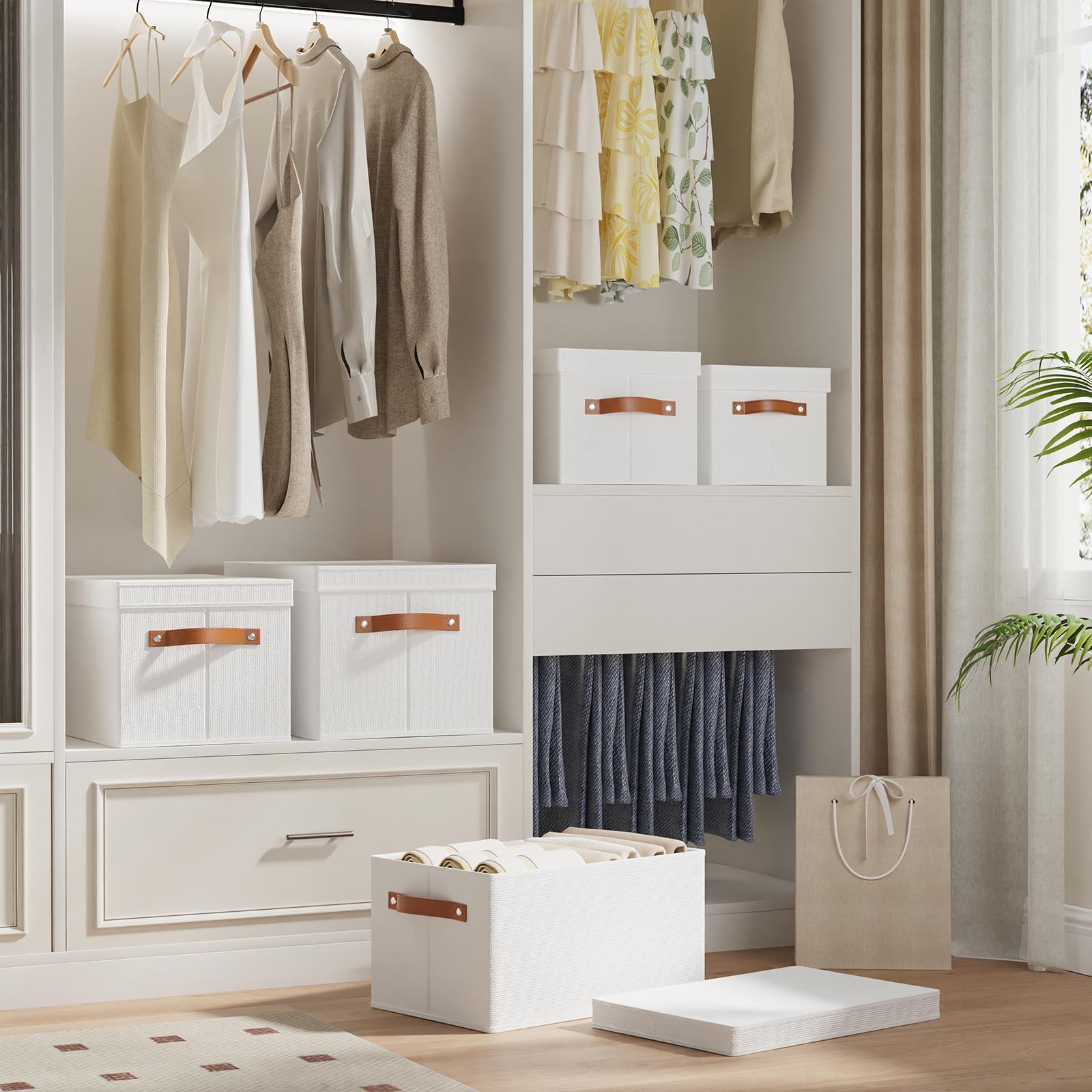 3 Pezzi Scatola con Coperchio, Contenitori, Bianco, 42×30×26cm | Scatole Portaoggetti con Maniglia,Organizzatore Cassetti con Coperchio,Utilizzato per Vestiti,Organizer per Camera