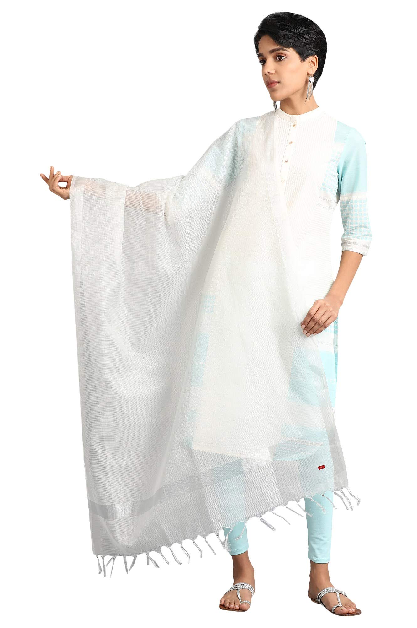 W for Woman Womens Blended Slub Dupatta (Silver_Free Size)