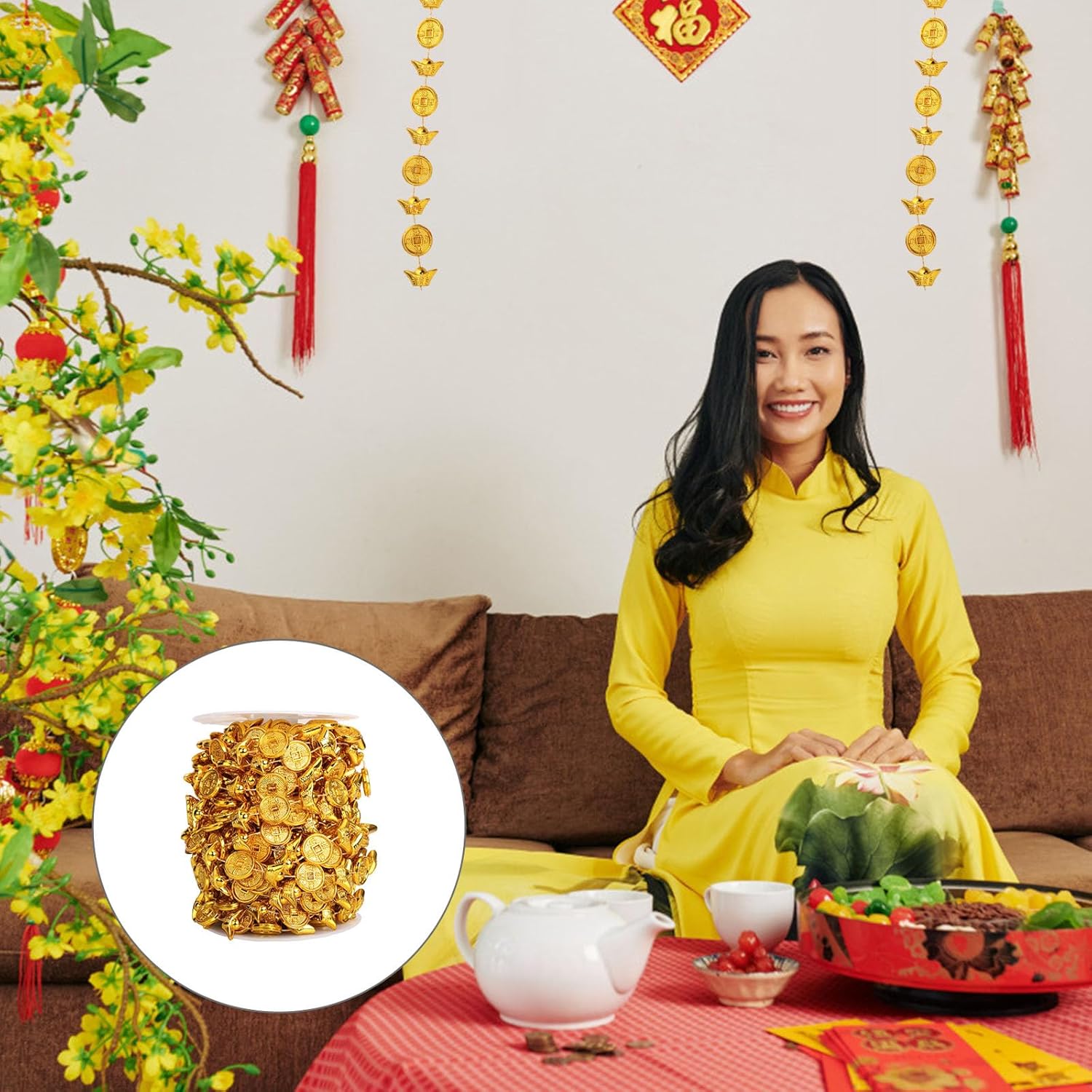 2rolls Year String Adornment Plastic Golden Copper Decorative Pendant for Celebrations Auspicious Year Hanging for Parties and Events