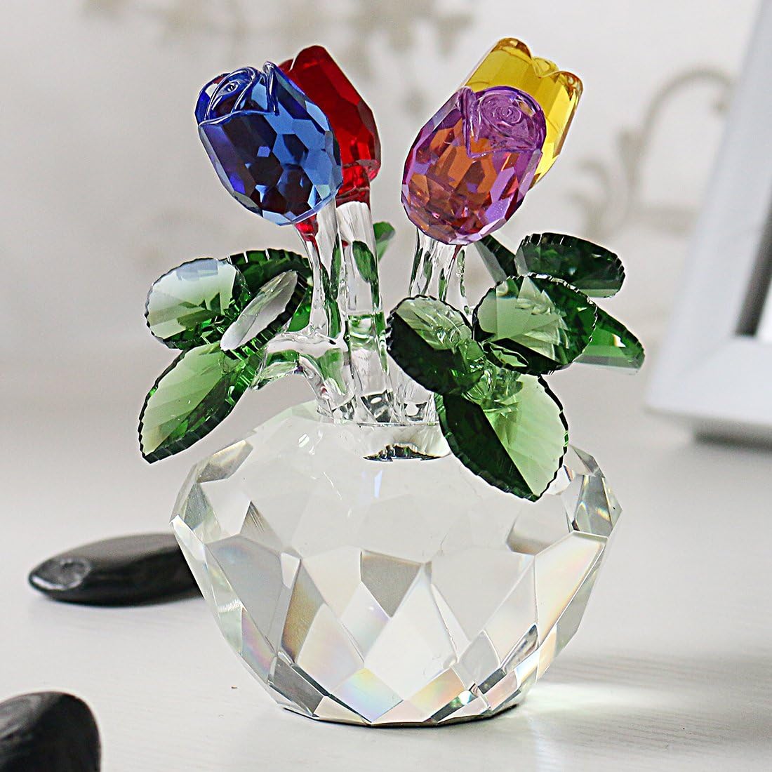 H&D Crystal Rose Figurines Collectibles Ornament Gift Crystal Rose Flower Bouquet with Gift Box : Home & Kitchen