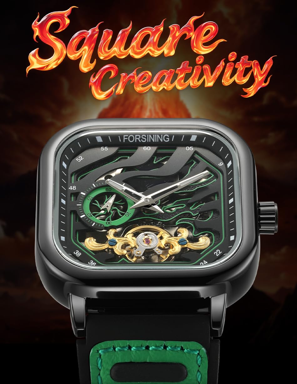 FORSINING Orologio quadrato sportivo automatico impermeabile da uomo con cinturino in silicone