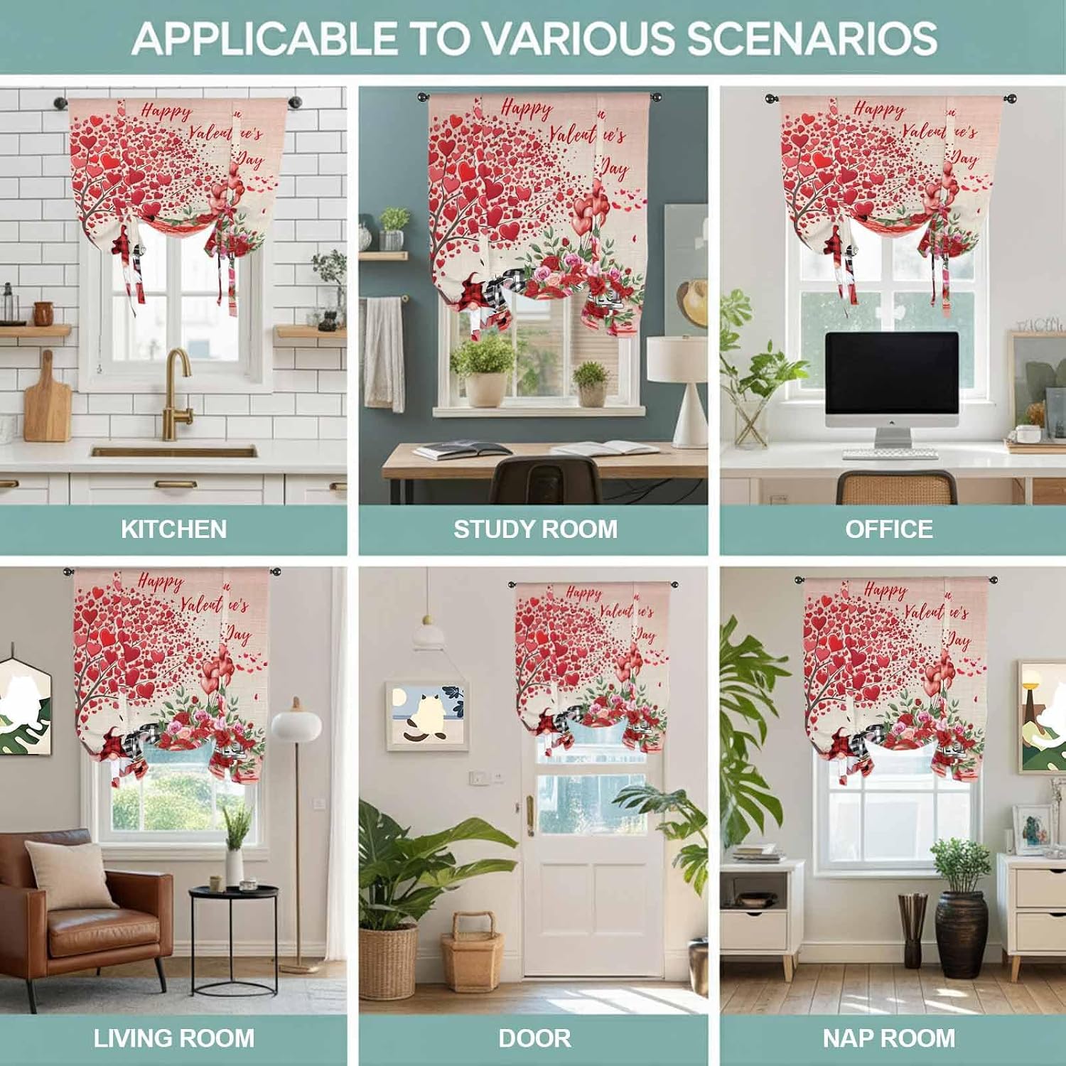 Red Roses Valentine's Day Tie Up Curtains for Window, Gnomes Floral Love Heart Romantic Thermal Balloon Shade Adjustable Rod Pocket Curtains Valance Panels for Kitchen Bathroom Café 42'' x 54''