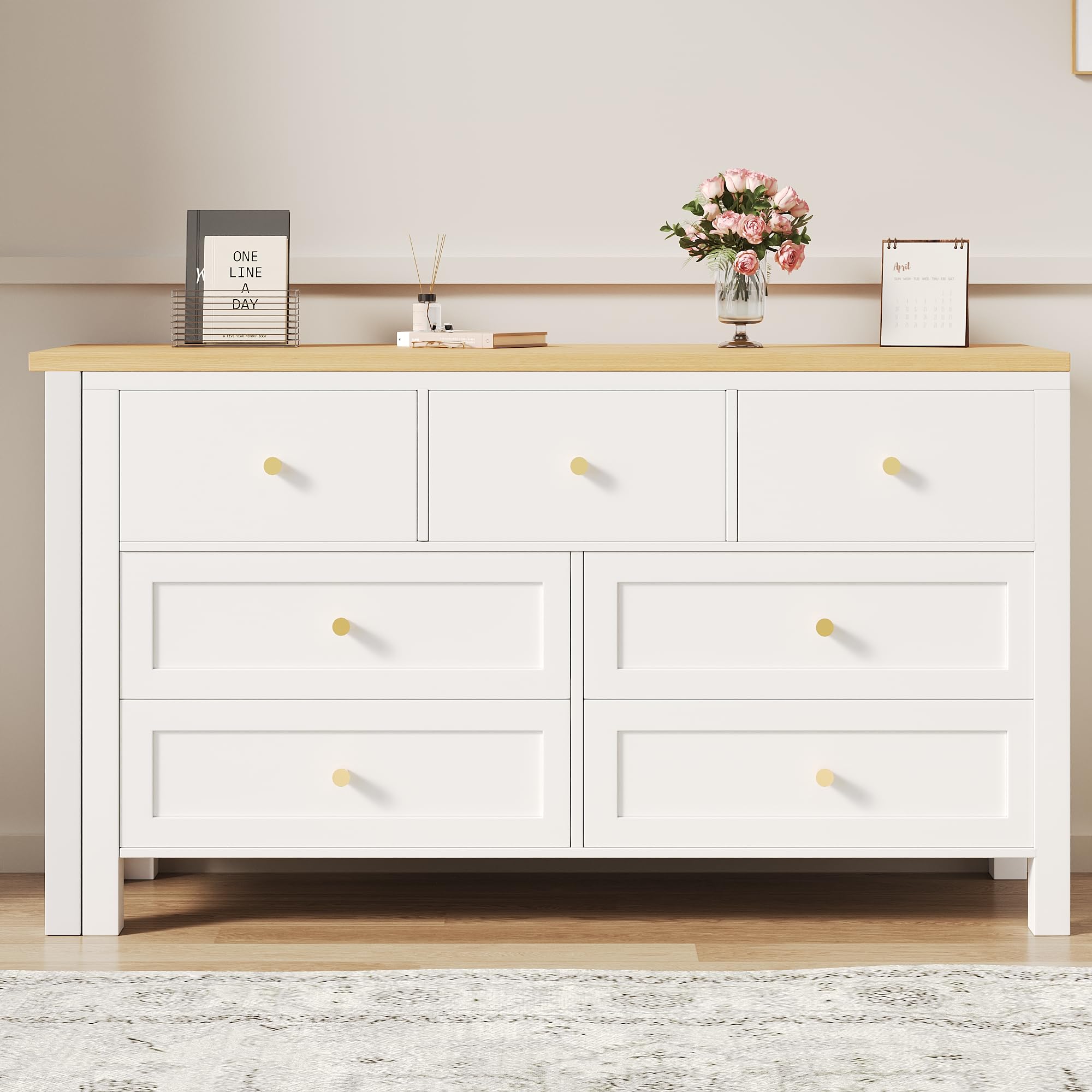 Scrivania con 7 cassetti, 2 in 1, piano girevole e credenza, effetto rovere, piano girevole a 360°, bianco/naturale, scrivania da toeletta, scrivania angolare a forma di L