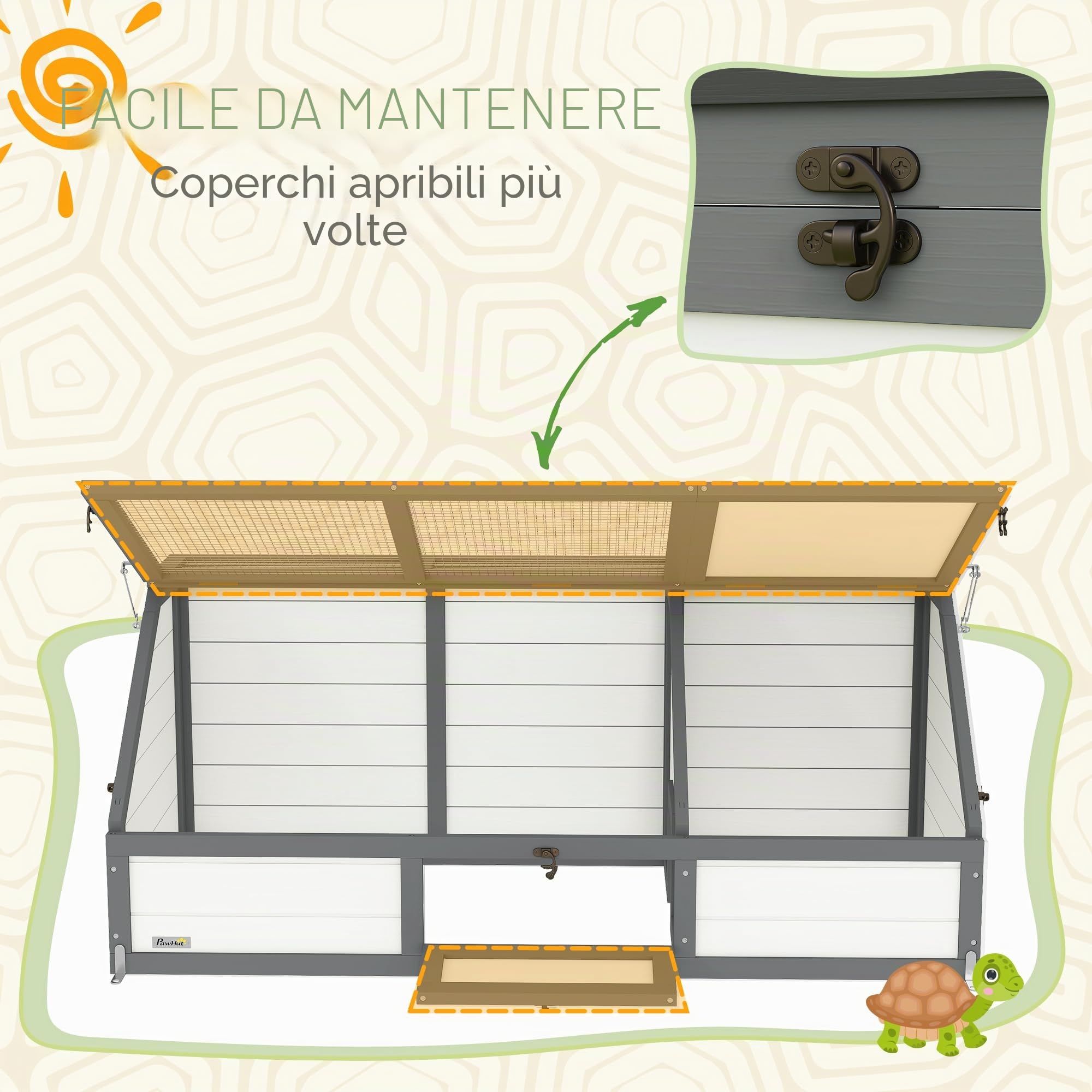 PawHut Casa tartaruga con casa principale anfibi 120x55x50cm bianco | Recinto in legno per tartaruga, area giochi, coperchio ribaltabile, serratura, gabbia per rettili, conigliera
