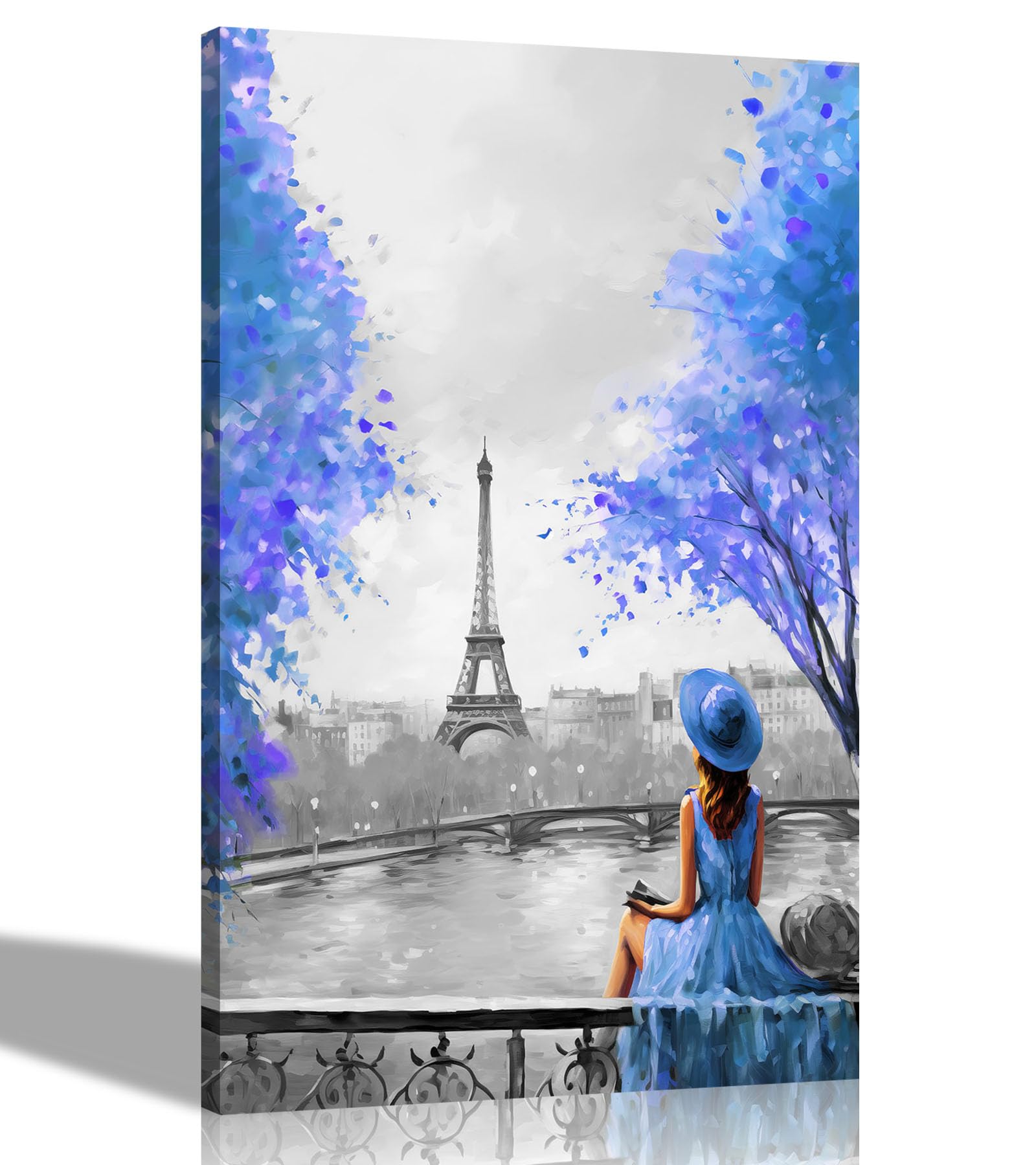 Artley Prints Portrait Grey Blue Black And White Alone And Blissful In Paris Blue Canvas Wall Prints For Living Room, Bedroom, City Pictures Oil Painting Re-Print 51 X 35Cm (20 X 14 Inches)