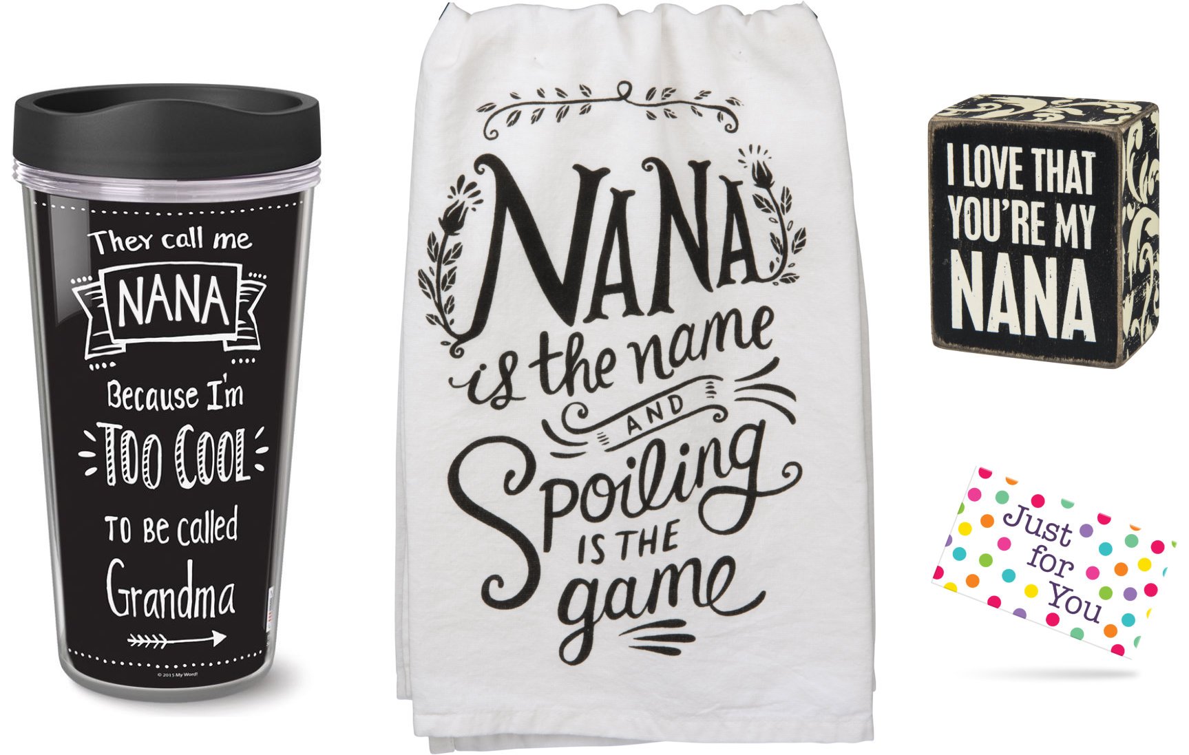 Just 4 U Gifts Nana Travel Mug, Box Sign and Kitchen Towel Set with Gift Tag by J4U
