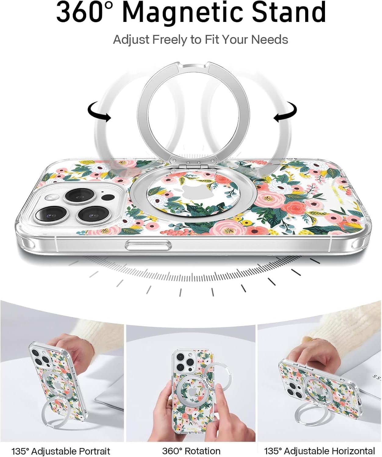 for iPhone 15 Pro Max Case with MagSafe Stand Ring for Women, Cute Spring Floral Design with 360° Kickstand Holder Magnetic Shock Proof Heavy-Duty Protection Pink Flower - Image 3